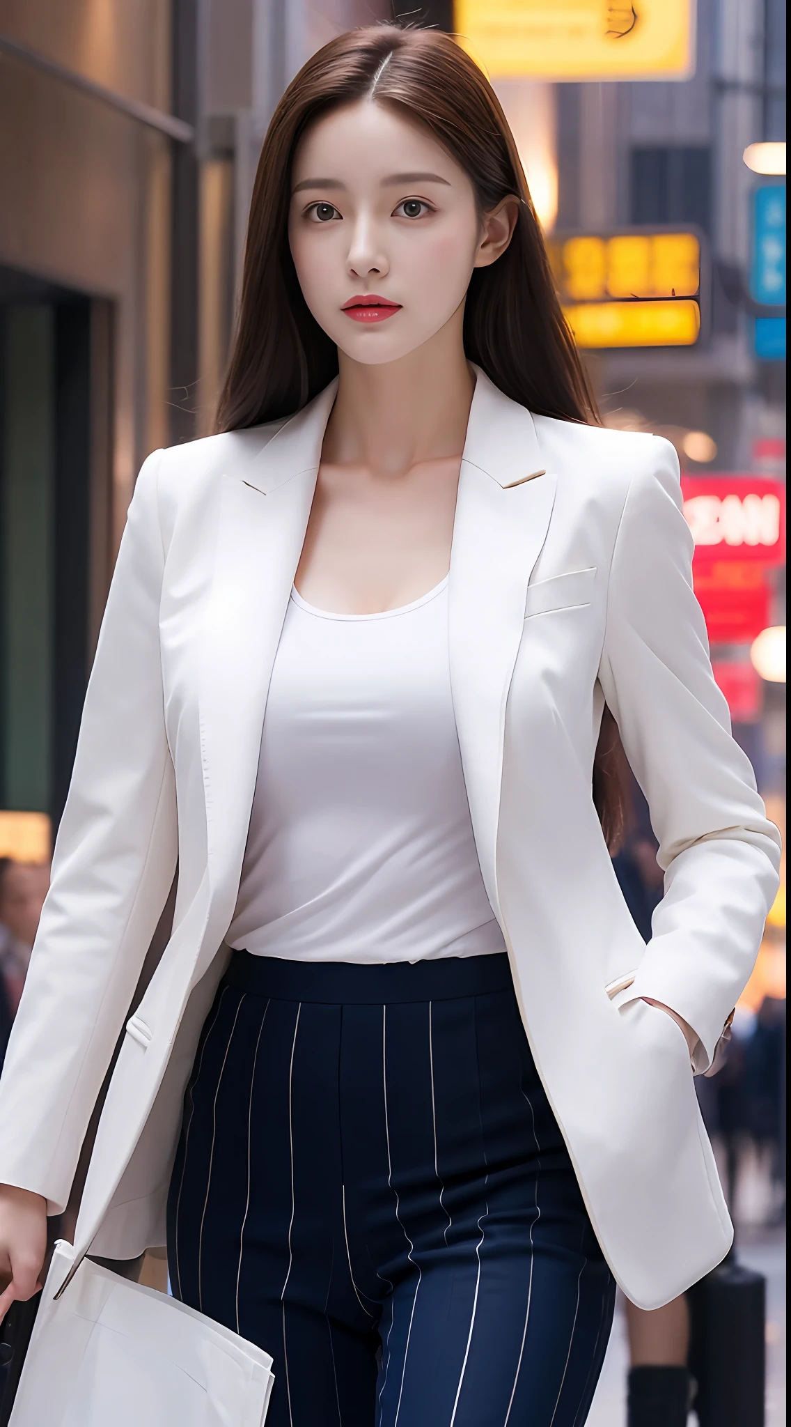 （realisticlying， A high resolution：1.3）， 1 girl with a perfect body， Super fine face and eyes，long whitr hair， Business suits of random colors：1.2，illuminated shopping streets，middlebreast，Anatomically normal，