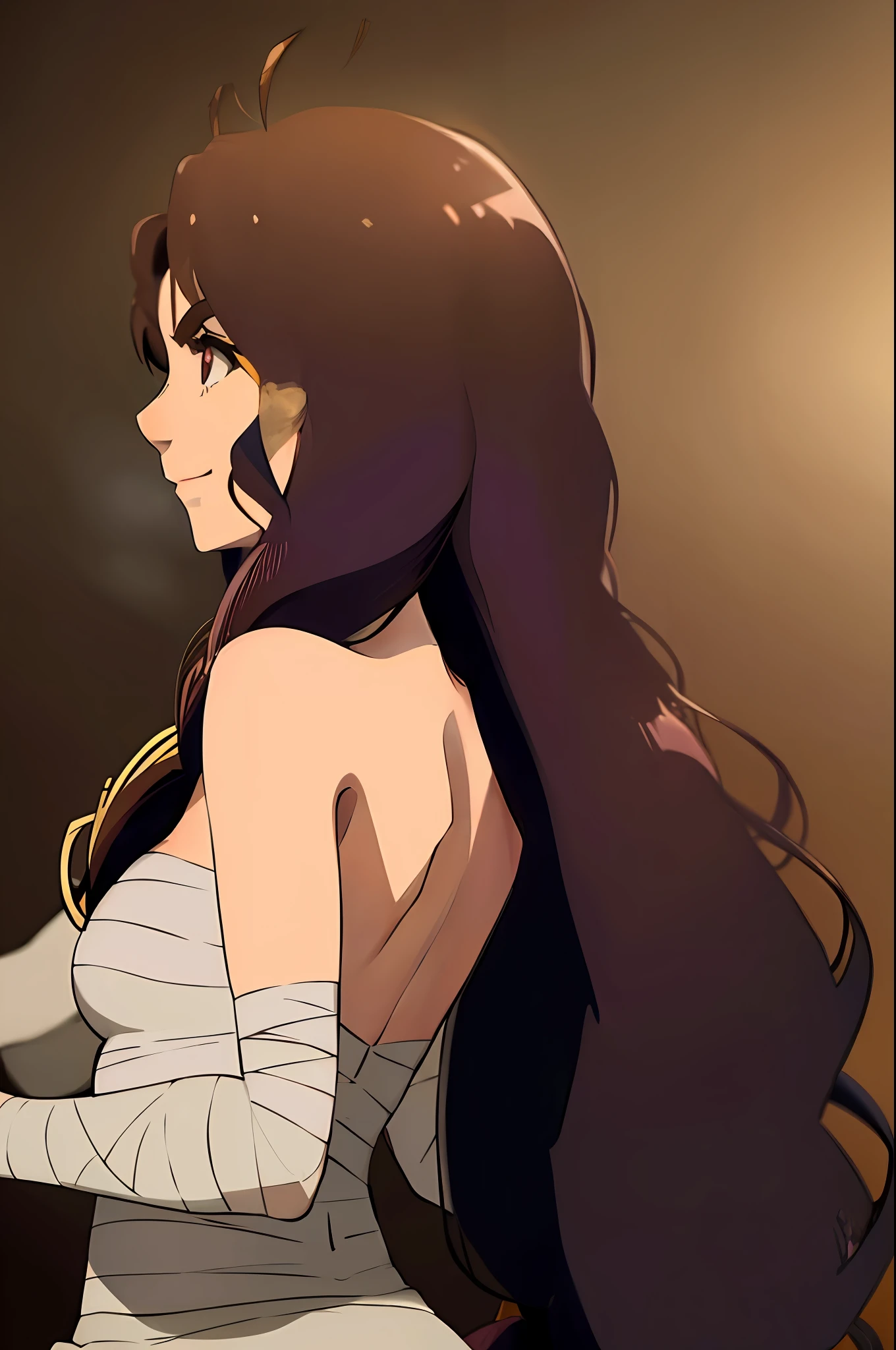 1girl, parona, solo, profile, brown background, upper body, sarashi, bare shoulders, breasts, back, brown hair, smile, gradient background, closed mouth, long hair, bangs, gradient, from behind, medium breasts, bandages