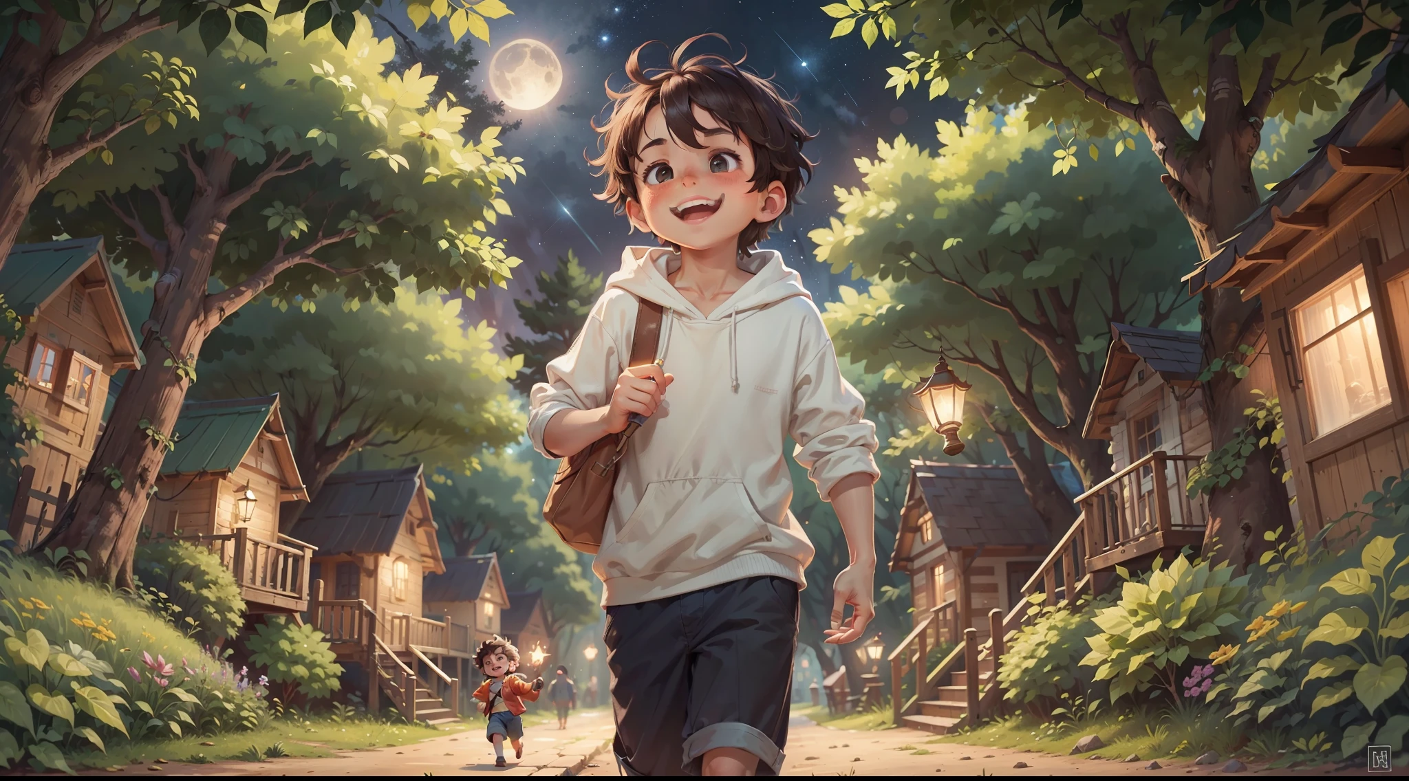 A boy with messy hair and bright eyes, with simple clothes and a radiant expression, is in the middle of a mysterious forest, holding a lit torch in his hand. The light of the torch illuminates the path ahead of you and reveals a charming village, with houses built on the huge trees that surround the area. The houses are all lit up from the inside, com janelas brilhantes e pequenas pontes conectando-as. The surrounding forest is lush, with tall and dense trees, cheias de folhas coloridas e vida selvagem curiosa. The night sky is starry, Creating a magical setting. The boy smiles and is full of enthusiasm as he discovers this amazing village. This image will convey a sense of wonder, aventura e alegria, sugerindo uma jornada emocionante e cheia de descobertas para o espectador.