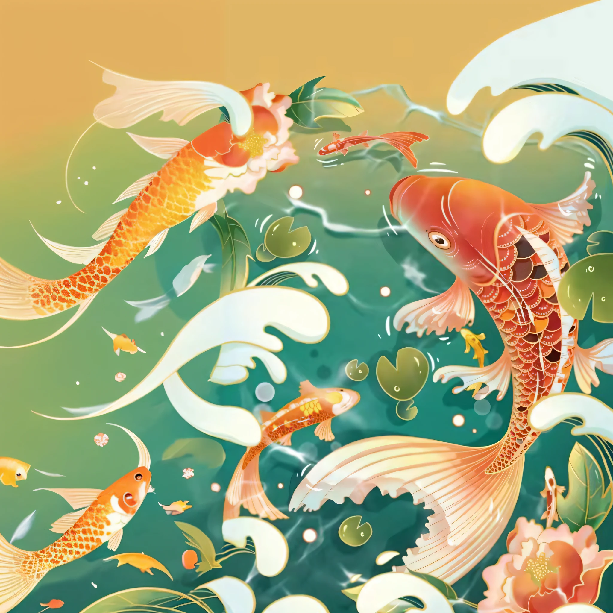 there is a fish that is swimming in the water, koi fishes, floating koi fish, koi fishes, Koi, fishes swimming, koi colors, Koi pond, fish swimming around, Fish swimming, Japanese style painting, koi fish floating in space, Japanese art style, by Yang J, author:Julian, Chinese style painting, A beautiful artwork illustration, The fish