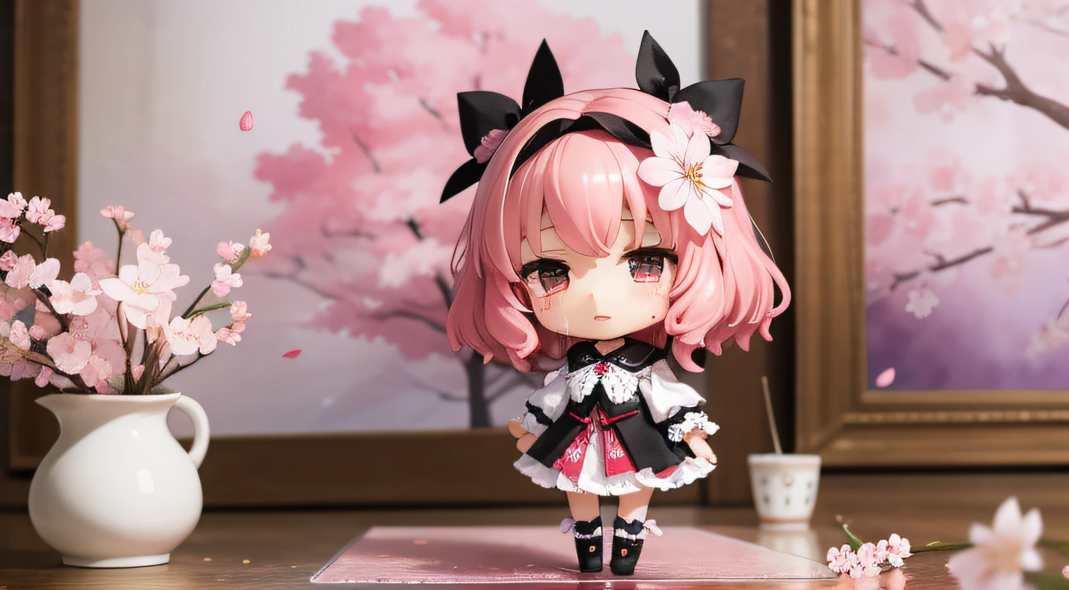 Doll standing in front of the painting、bionde、Crying face、Sengai、pixiv、rokoko、dollfie dream、watercolor Nendoroid、(High Definition Figure)、flowing sakura-colored silk、nendroid、highly_Detailed!!,Cherry blossom petals、Flowing cherry blossom silk、season!!: 🌸 ☀ 🍂 ❄