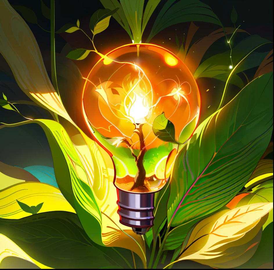 nvinkpunk，Illustration of a bulb in a leaf，There is a tree inside the bulb, lightbulb, orange and green power, light bulb, Orange electricity, concept illustartion，The best quality，detail-rich，4 k，hdr，smoothness，Focus Clear，A high resolution