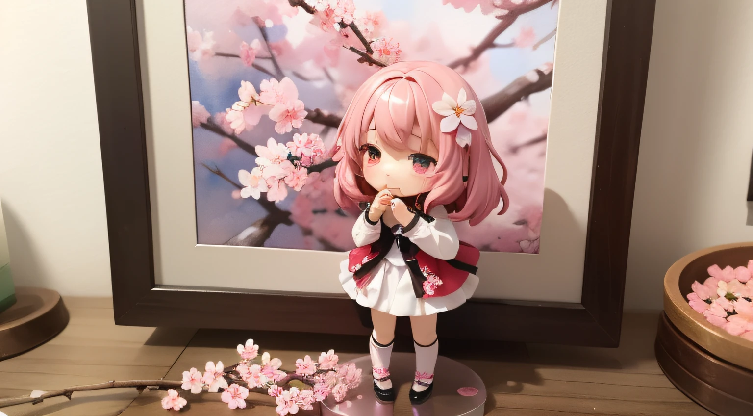 Doll standing in front of the painting、bionde、Crying face、Sengai、pixiv、rokoko、dollfie dream、watercolor Nendoroid、(High Definition Figure)、flowing sakura-colored silk、nendroid、highly_Detailed!!,Cherry blossom petals、Flowing cherry blossom silk、season!!: 🌸 ☀ 🍂 ❄