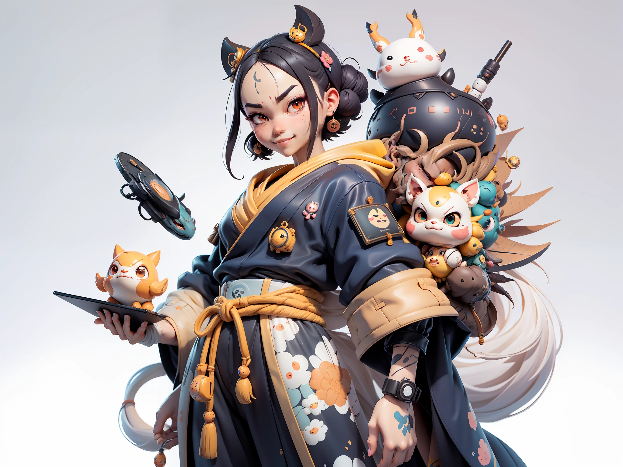(Daisaku),(Need),(Super meticulous),(full bodyesbian:1.2),Japanese ukiyo-e girl，japanese geisha，Beautiful，Oriental dragon，Aeolian Thor，Raised sexy，爆乳，Oriental face，TV Anchor，Bust portrait illustration，Alone，In black suit，a blue tie，The face is slightly chubby，The face was clean，without a beard，Black super short hair，Black eyes，Smile confidently，3C computer sub-products，iPad， iphone，Digital painting，3D character design by Mark Clairen and Pixar and Hayao Miyazaki and Akira Toriyama，The illustration is a high-definition illustration in 4K resolution，With very detailed facial features and cartoon-style visuals。