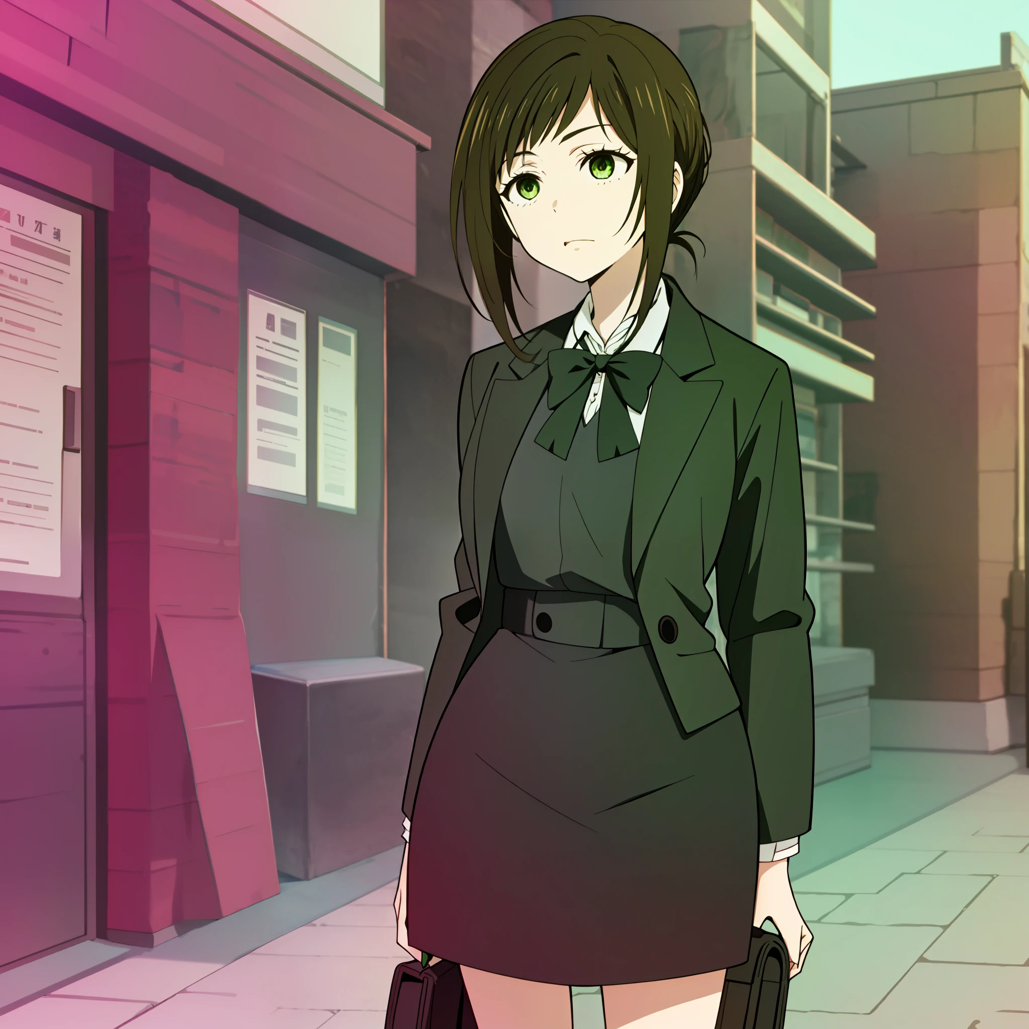 1girl, masterpice, sakufukuzawa, brownhair, greeneyes, wears a black blazer over a white ruffled long-sleeve work blouse and a knee-length black pencil skirt and black dress heels, facing_viewer, standing, street background