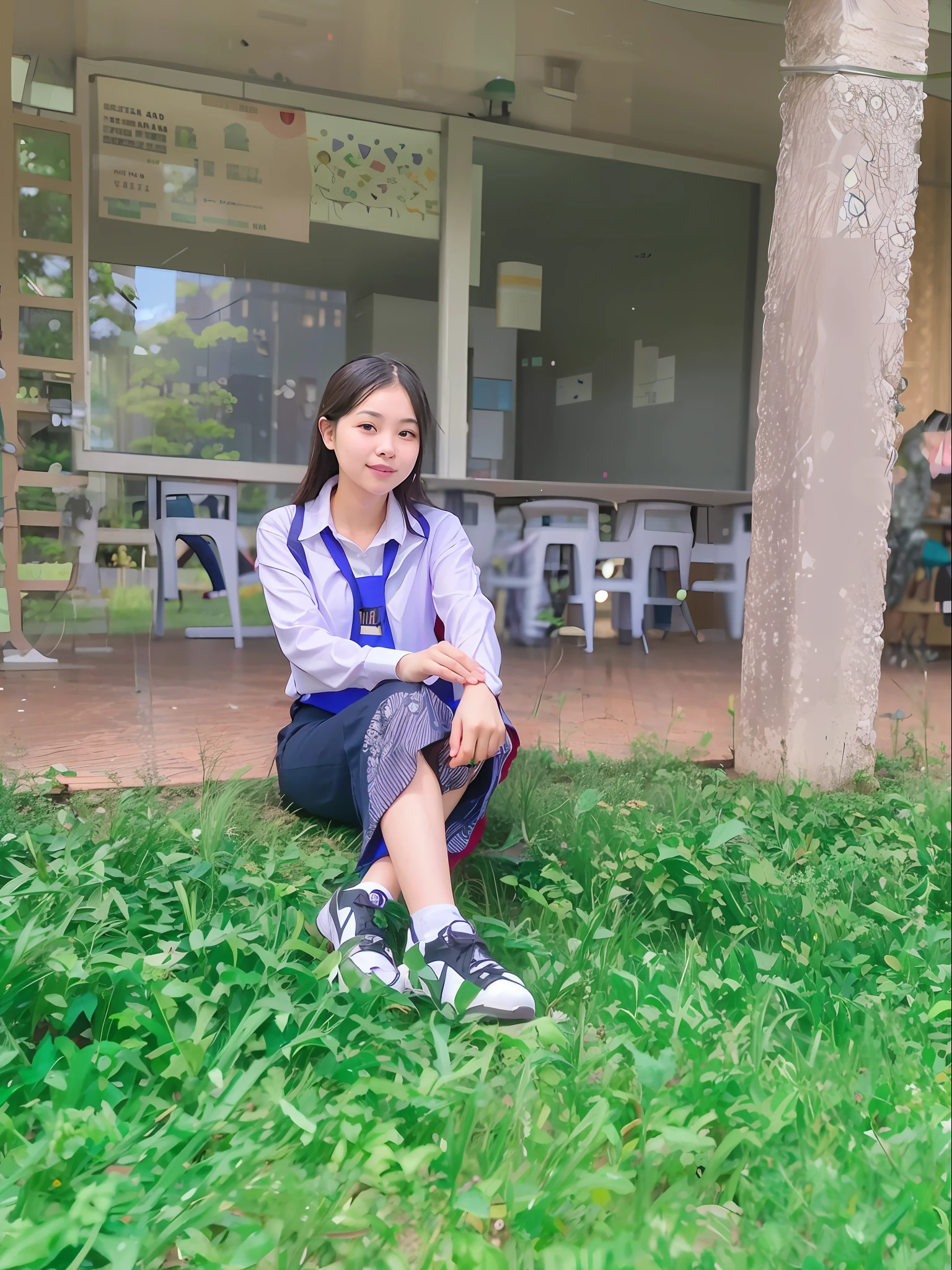There was a woman standing in front of the building talking on her cell phone., dang my linh, At college., photo taken in 2 0 2 0, Student, nivanh chanthara, 10)), Wear the headmaster's uniform., Mai Anh Tran, With background image, drawing, In the form of Lammani