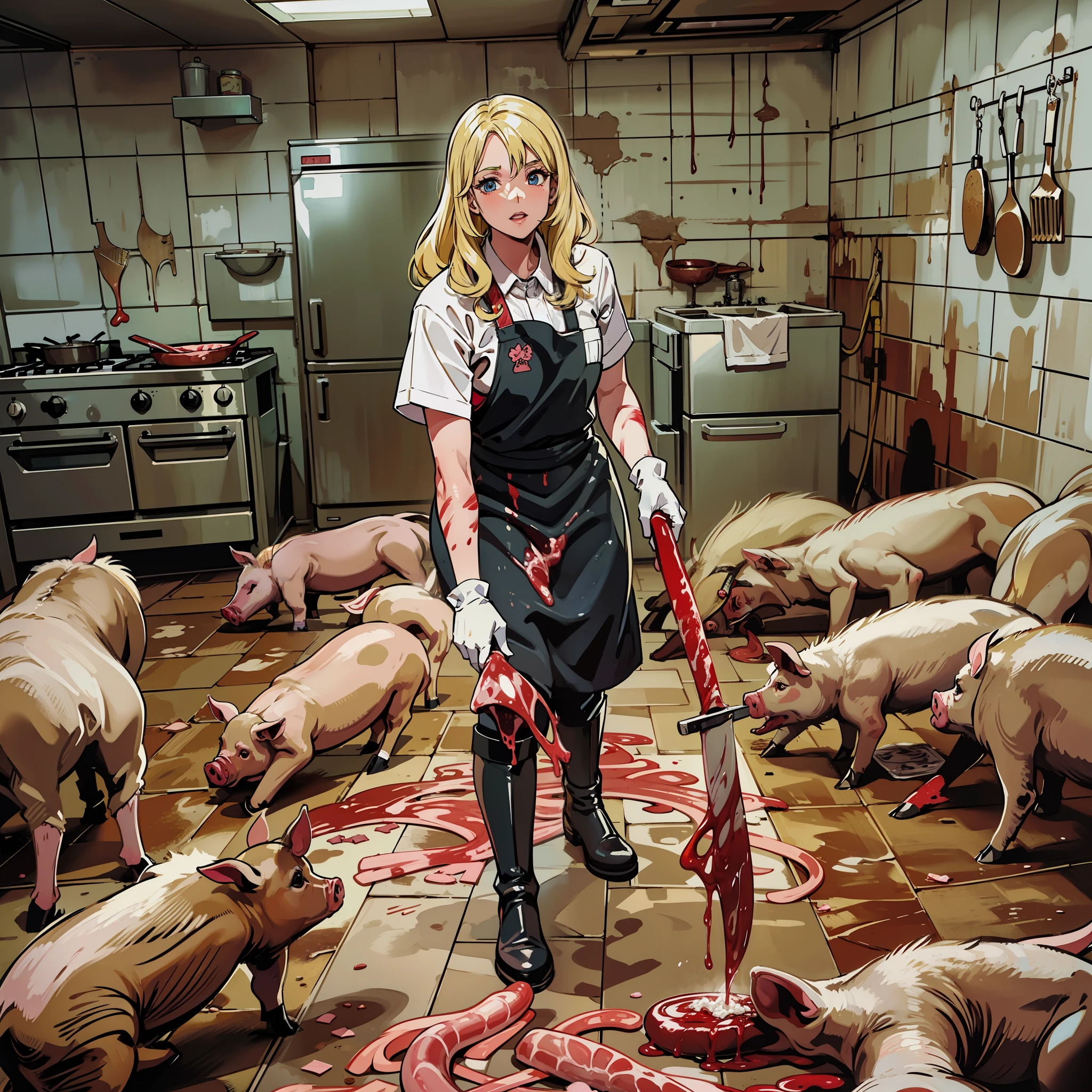 Livestock killing site,anatomically,Pig guts all over the floor ,Shoulder-length rubber gloves, Rubber Apron,Beautiful blonde girl kicking guts,Long white rubber boots with blood,She is stepping on a pig, She has a kitchen knife,Condescending pigs, Full body view from below,