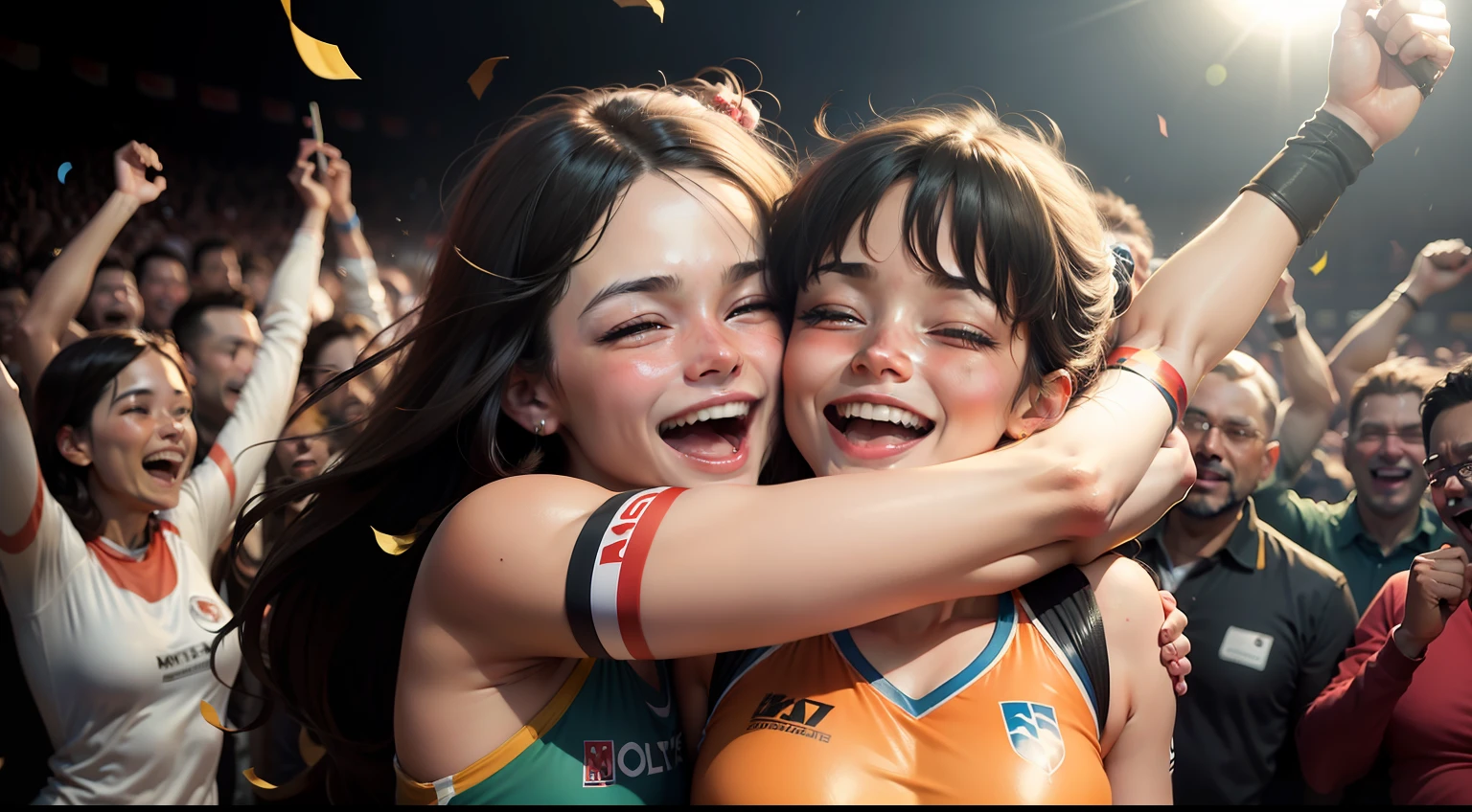 Scenes of people hugging, smiling and celebrating victories.