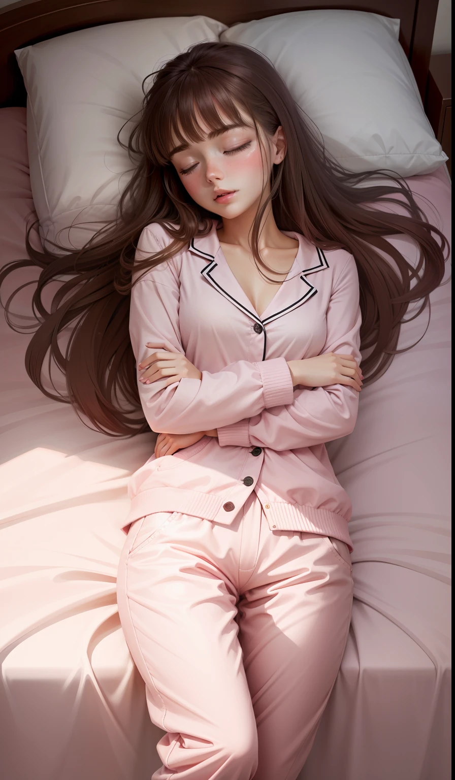 Sleeping girl，22 year old，realisticlying，She wore long trousers，Wearing pink pajamas，brown  hair，Facial expressions are seductive