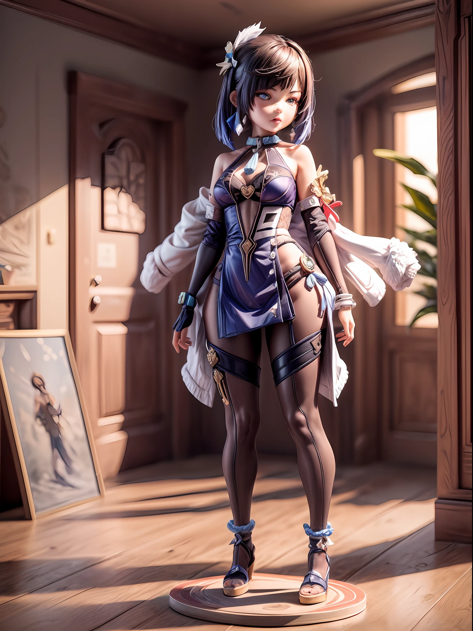 (Blind box toy style:1.3), ((Full body shot:1.4)) ((anatomy correct)),((1girl, solo)),(masterpiece:1.3), ,high quality, (SOLO:1.4), whole body, (((yelan,genshin impact))), masterpiece, best quality, solo, standing, clean background,((circular base:1.5))(Global illumination, Ray traching, hdr, unreal render,reasonable design, high detal, Masterpiece, Best quality, hyper HD, Cinematic lighting)