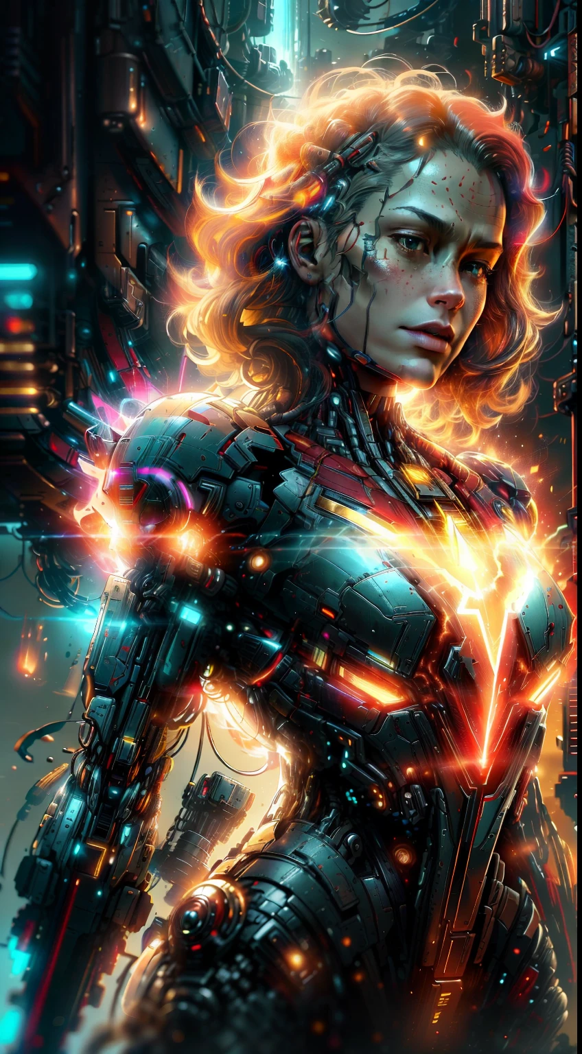 Captain marvel from Marvel photography, biomechanics, complex robot, red, full growth, hyper-realistic, crazy little details, incredibly clean lines, cyberpunk aesthetic, masterpiece featured on Zbrush Central, cyberpunk city backdrop