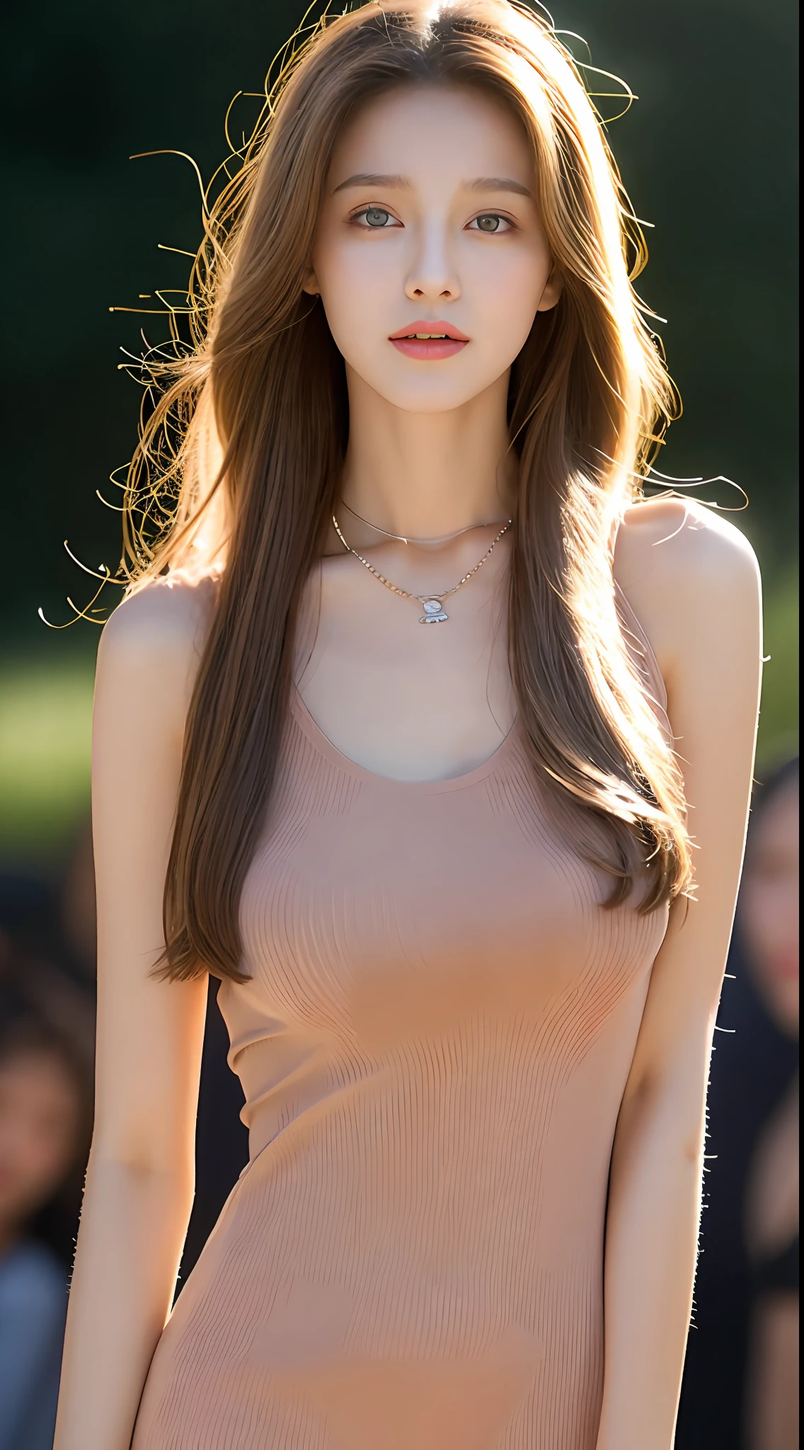（realisticlying， A high resolution：1.3）， 1 girl with a perfect body， Super fine face and eyes，long whitr hair，Wearing necklaces and earrings， Crewneck dress in random color：1.2，Night falls，Near Future City，middlebreast，Anatomically normal，Glowing Particle Effects，