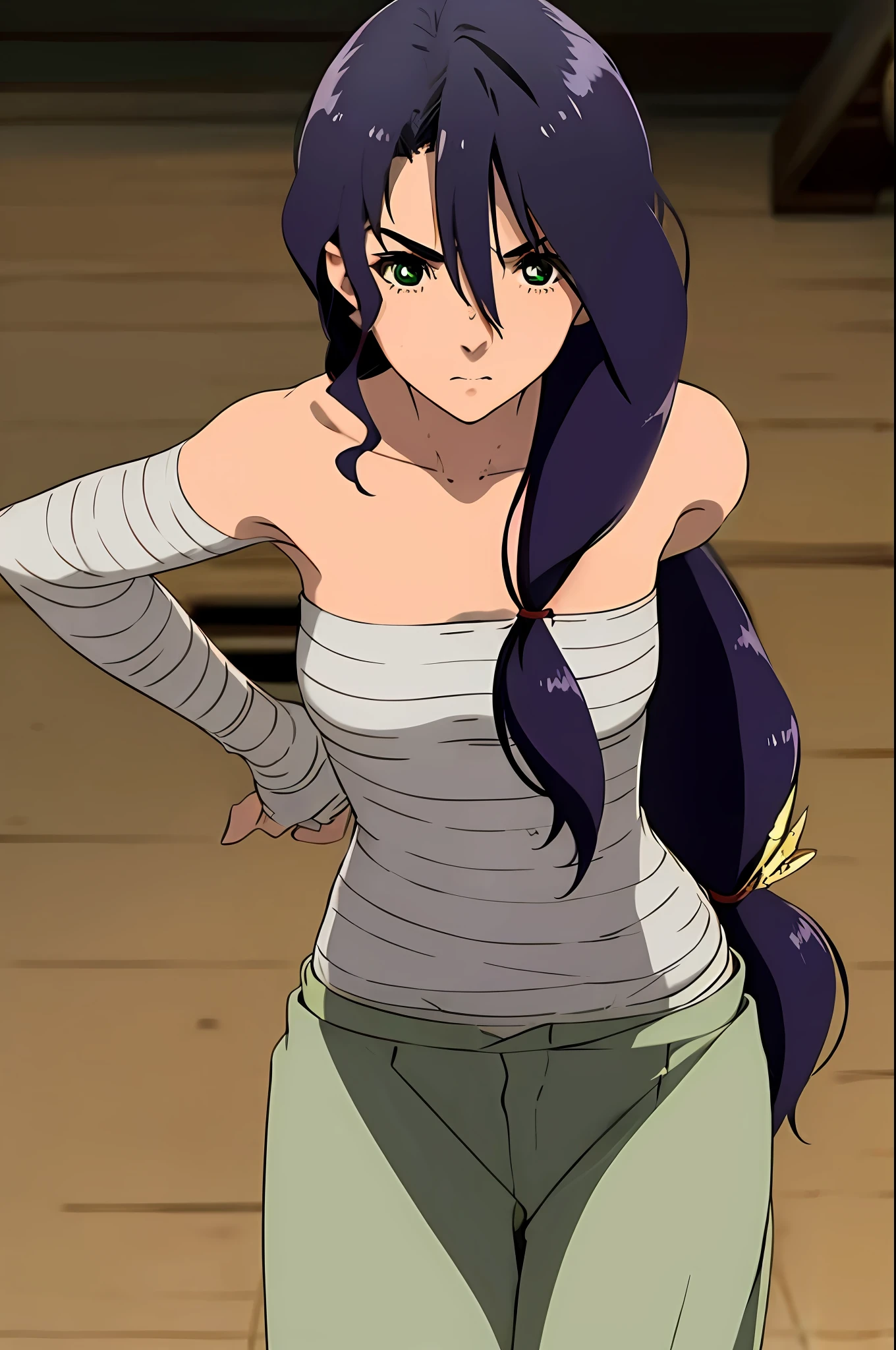 1girl, parona, green eyes, sarashi, solo, long hair, bare shoulders, bandages, looking at viewer, hair between eyes, breasts, black hair, pants, small breasts, collarbone, v-shaped eyebrows, strapless