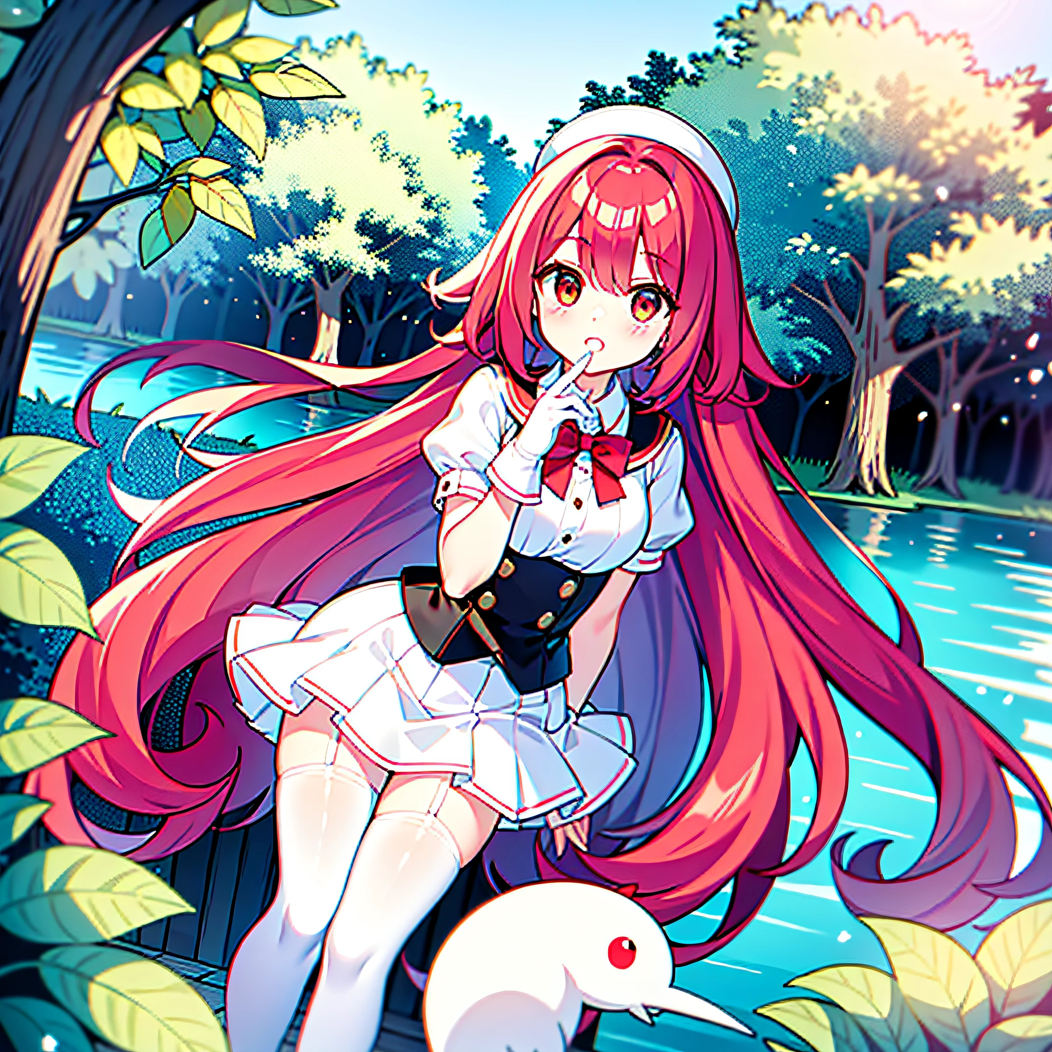 White stockings,Be red in the face,pond side,white mini-skirt