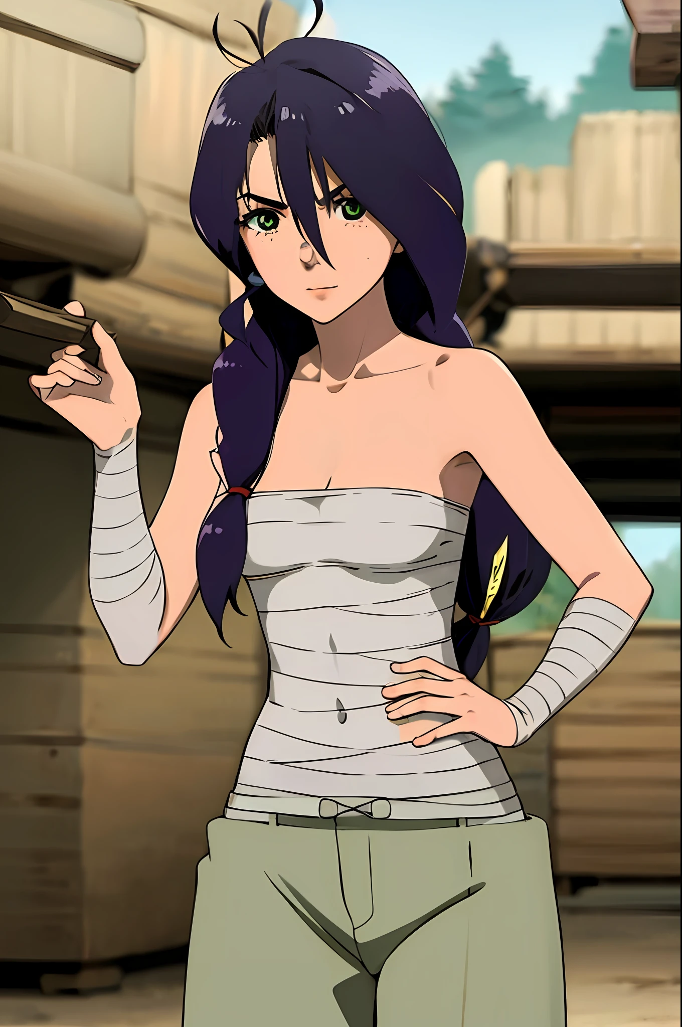 1girl, parona, green eyes, sarashi, solo, long hair, bare shoulders, bandages, looking at viewer, hair between eyes, breasts, black hair, pants, small breasts, collarbone, v-shaped eyebrows, strapless