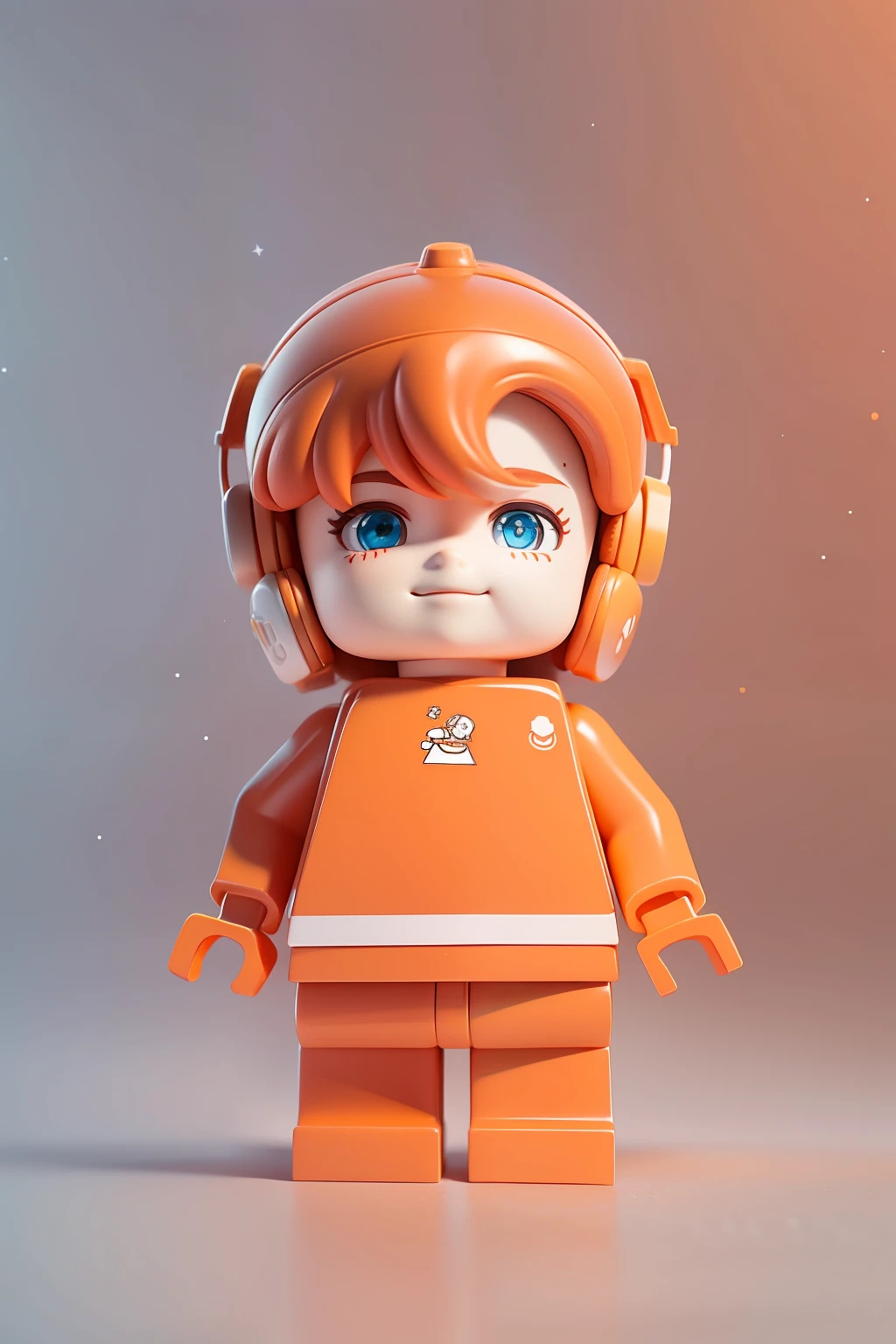 IP image of technology companies,The clothing has a sense of technology,The whole is made up of LEGO materials,Consists of orange and white,entire body image,Cute expressions,Smiling,It's a boy,The head makes up the appearance of a river of stars