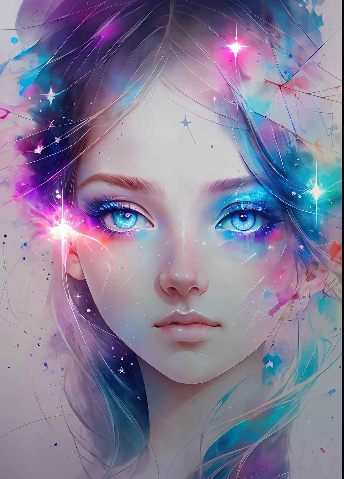 This is a dreamy and ethereal image. Generate a whimsical princess by Agnes Cecile with beautifully detailed and realistic eyes. Include ink drips and fairy lights. The colors used should be soft and pastel except for her eyes, which should be bold and realistically shaded. Include luminous, glitter, shimmer, and intricate detailing. This is a high quality image from world-class artist agnes cecile. ((masterpiece))