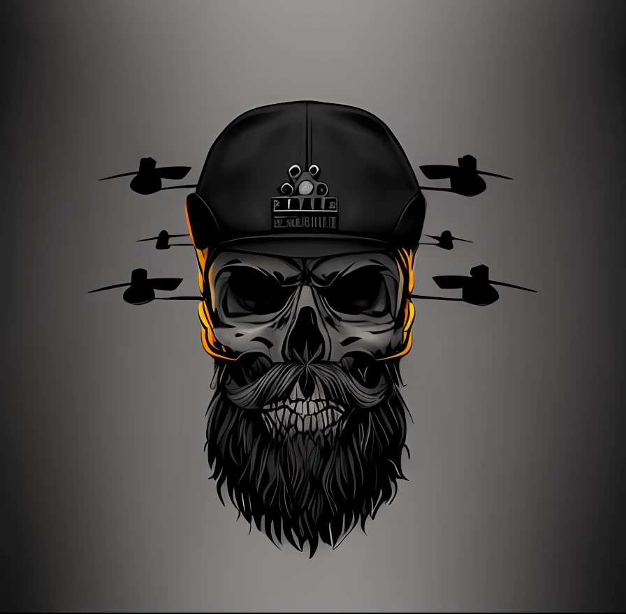 a skull wearing a hat with a beard and mustache, PunkDrone, deadly drone, bearded skull, barba, skull design for a rock band, O Rei dos Drones, calota craniana, drone, minimal black skull warpaint, bifes, Drone iminente, with a crown of skulls, Drones, barba preta, design de tshirt de metal pesado, capacete de caveira, hooded skull