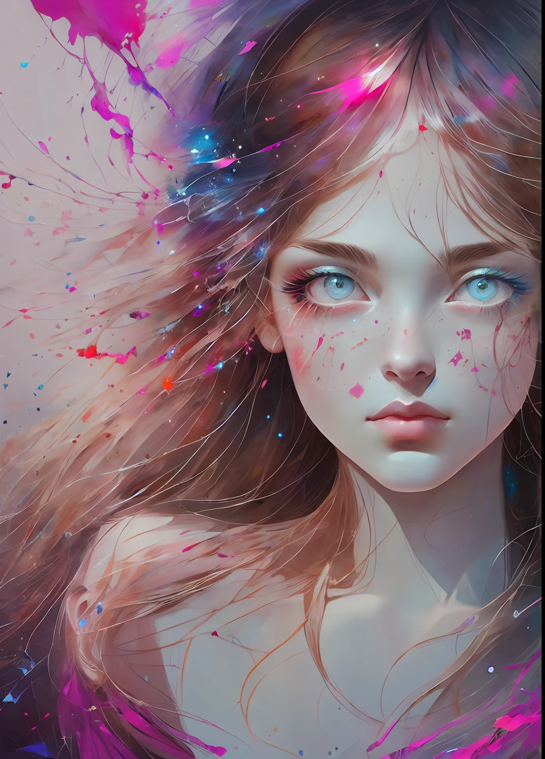 This is a dreamy and ethereal image. Generate a whimsical princess by Agnes Cecile with beautifully detailed and realistic eyes. Include ink drips and fairy lights. The colors used should be soft and pastel except for her eyes, which should be bold and realistically shaded. Include luminous, glitter, shimmer, and intricate detailing. This is a high quality image from world-class artist agnes cecile. ((masterpiece))