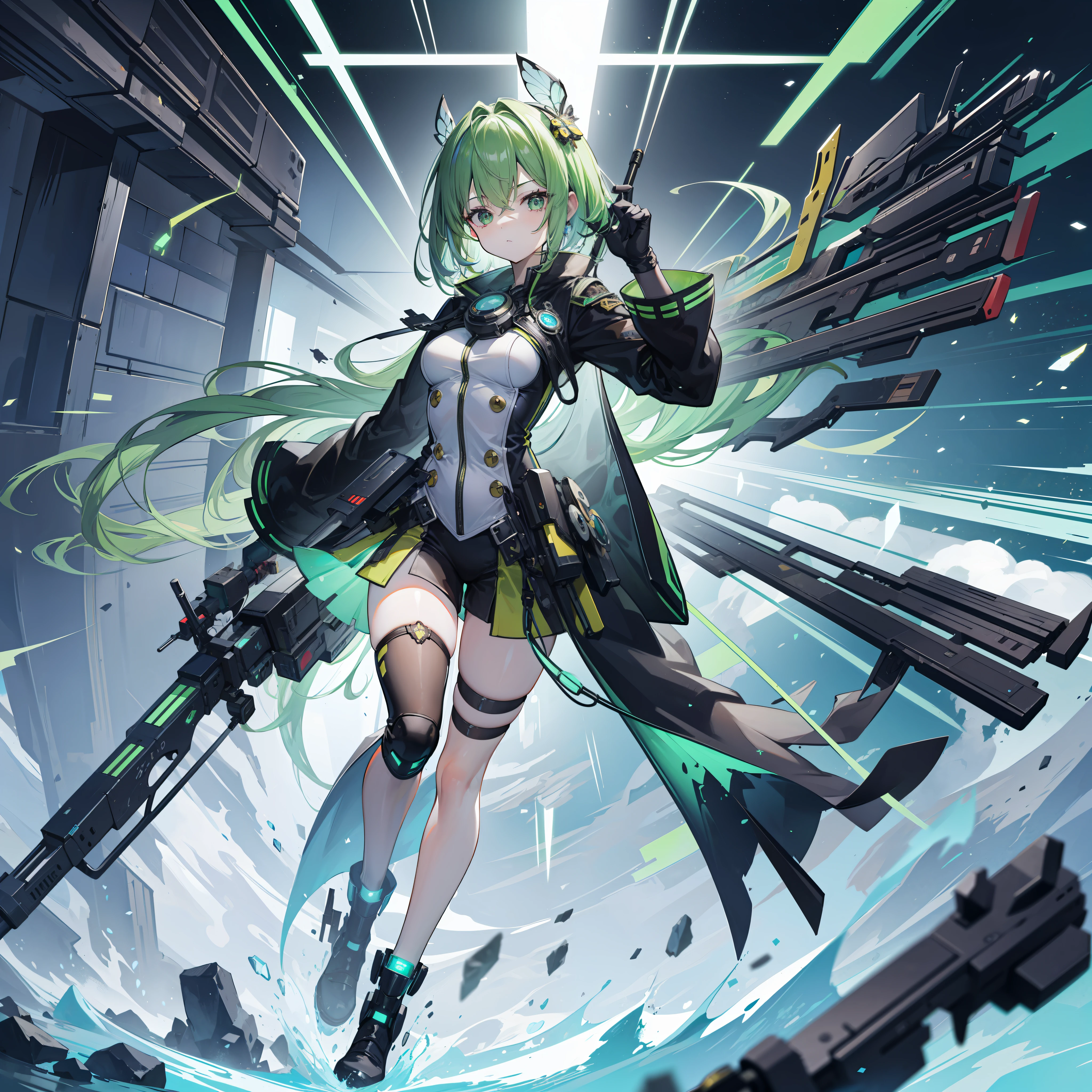 ((ultra - detailed)),((illustration)),((tmasterpiece)),(((Need))),((美丽细致的眼睛)),(the Extremely Detailed CG Unity 8K Wallpapers,best qualtiy,tmasterpiece),((4K,tmasterpiece,best qualtiy)),Surrounded by females and technologically insect,A sense of maturity,Nanotechnology set,Green hair,With a baton in his hand,There are drones around the head,There are bee wings on the back,Standing above the ruins,One foot is dressed in black silk,Fierce expression,There are mechanical wreckage on the ground,Green and white researcher coat,Bring goggles,Behind him was a mountain of mechanical debris,There are drones and insects around