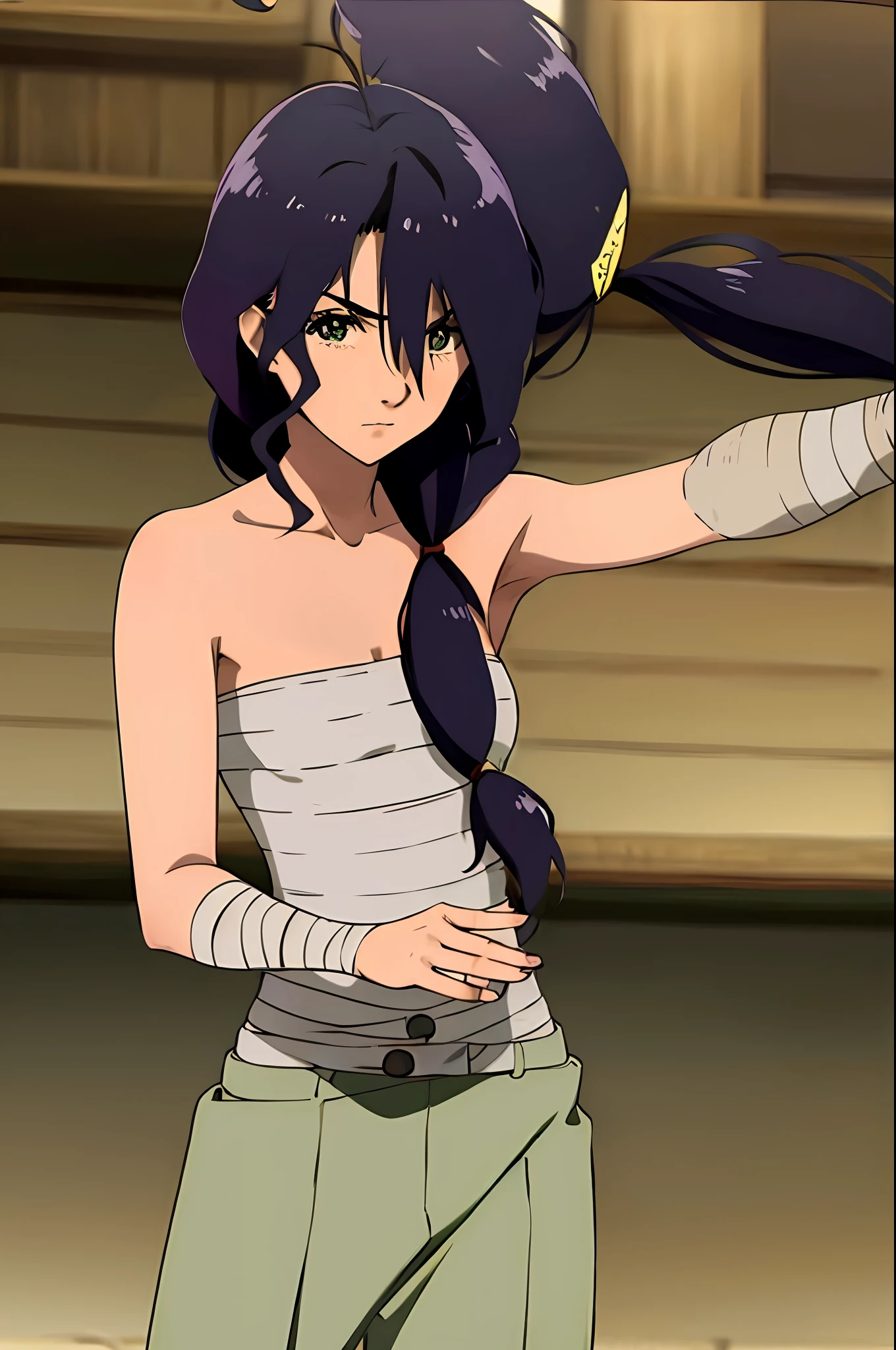 1girl, parona, green eyes, sarashi, solo, long hair, bare shoulders, bandages, looking at viewer, hair between eyes, breasts, black hair, pants, small breasts, collarbone, v-shaped eyebrows, strapless