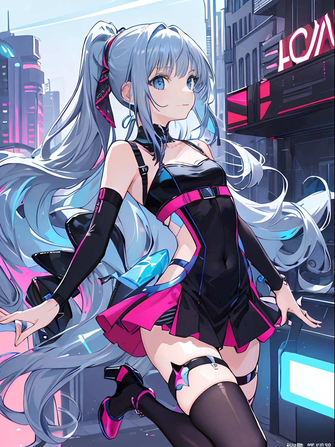 ((masterpiece:1.4, best quality))++, (ultra detailed)+,(best quality,ultra-detailed,vivid color,colorful, dynamic angle, high contrast:1.2),upper body,
(two-tone metallic red color short tight  dress:1.2),sexy,ort_skirt:1.3),high_heels,stockings,sleeveless,bare back,(futuristic cityscape,racing track, neon sign, search light, holograms:1.3),delicate face, delicate features,(from below:0.5),
fashionable, vibrant, outfit, posing, front, colorful, dynamic, background, elements, confident, expression, statement, accessory, majestic, coiled, around, scene,cover, bold, attention-grabbing,stylish, font, catchy, striking, modern, trendy, focus, fashion,
cute 1girl,(solo:1.3),(flat chest:1.2),double ponytail,(jewel-like blue eyes:1.3), (shiny hair, silver long hair:1.3), haneoka_meimi,
