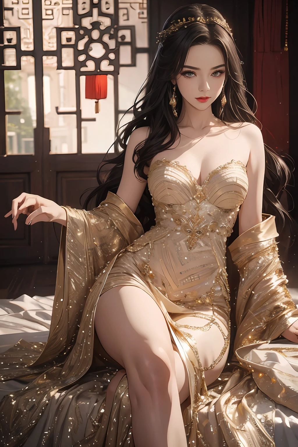 ((Best Quality)), ((Ultra High Resolution)), ((Realistic)), Fine details, Age 19 on Appearance, Black hair, Perfect face shape, Moderate Makeup:1.5, Face lighting, Accentuating Details, Long hair, Wearing Chinese Wedding Dress, Gold Headgear Decoration, Holding a fan, Red Wedding Dress Extra Points: 1.3, Gold Dress Details. portrait of a full body, windows, a bed, drapes, Candlelight, present a picture of a long-range pose.