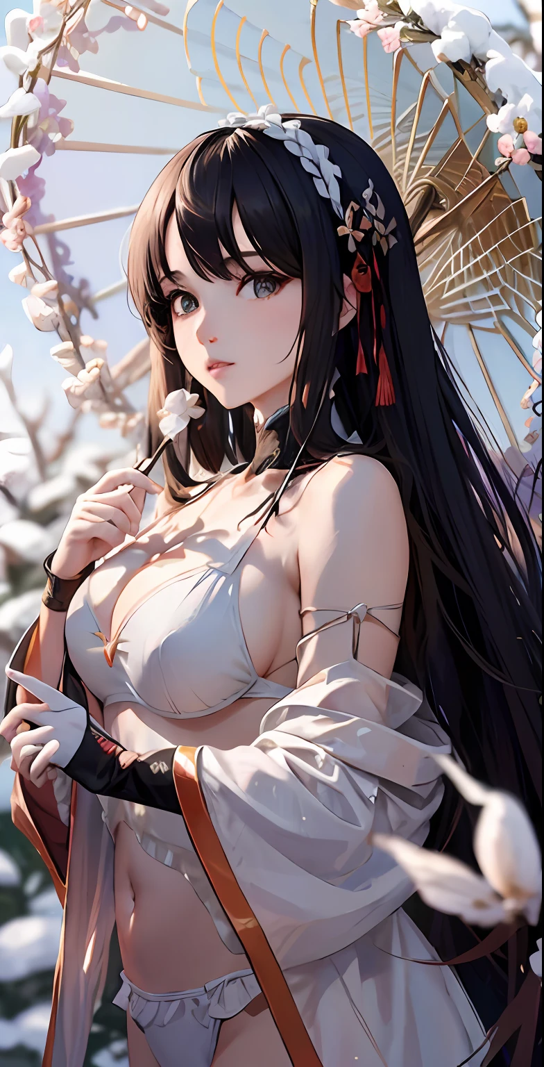 There is a woman in red dress holding a white umbrella, traditional Chinese white umbrella, wild snow scene, a girl in Hanfu, Hanfu, Chinese girl, Chinese woman, Chinese style, white Hanfu, red shawl, snowing, distant scene one A peach blossom tree, full of peach blossoms, a few villages of peach blossoms stretching down from the close-up view, a lot of peach petals floating in the air, heavy snow with goose feathers, 2 colorful butterflies flying, traditional Chinese clothing, cover photo Du's portrait Juan, portrait photo, China Princess, wearing red cheongsam, inspired by Tang Yifen, black haired goddess, beautiful brunette girl, oriental girl, master work, best picture quality, higher quality, high detail, super high resolution, 8k resolution, depth of field, Cinematography, Intricate detail, Elaborate, Meticulous, Magnificent, Maximum detail, Extreme beauty, (((1girl, solo))), 18age, Long hair, Black hair, White skin, Realistic, Masterpiece, (best picture quality), higher quality, high detail, super high resolution, panorama, exquisite facial features, perfect face, glowing skin, dreamy background, women, girls, angels, mini girls, goddesses, poets, shy, Surprise, shoulder-length hair, black hair, sharp and clear focus, three-dimensional silhouette, correct proportions, realistic portrait, face close-up, a very temperamental beautiful girl, slender figure, exquisite facial features, flowing long hair, Black hair, extremely detailed hair description, (collarbone), perfect face, clean and flawless face, long eyelashes, light pink eye shadow, shallow dimples, blush, watery big eyes crystal clear, delicate cream Glowing skin like skin, detailed skin details, CFG scale: 8,(A beautiful girl with large breasts and a wisteria flower in her hair),(she wears a white bikini and has her lips slightly parted),(her navel is visible as she stands surrounded by alraune plants), a dream-like atmosphere with vibrant colors and soft lighting, red hair, yellow detailed eyes