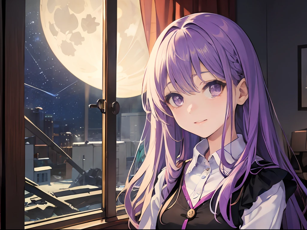 Best quality, tmasterpiece, A 12-year-old girl，Long light purple hair and purple eyes，Clear facial features，Happy and expectant expression，Sit in a dilapidated room and wait，There are sorted luggage packages，Outside the window is a night with stars and moon