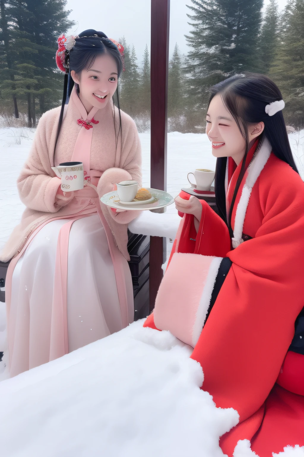 Make tea in a red stove,Meet in the snow,Meet friends。The two Hanfu women had joyful smiles on their faces