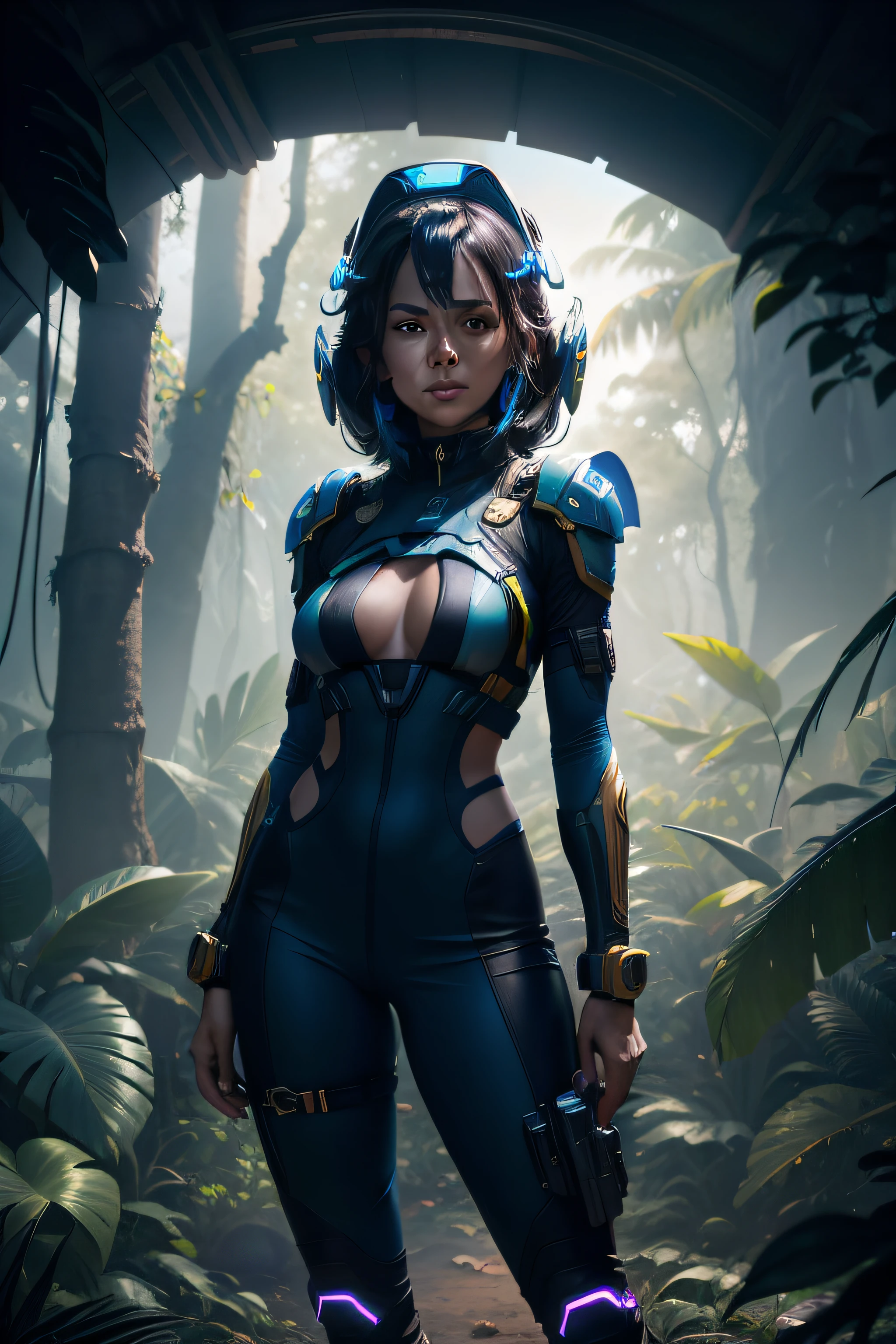 a vibrant cinematic full body photo of a female adventure in the jungle, octane render, high quality ultra future blue an gold space combat visor up, alien planet background