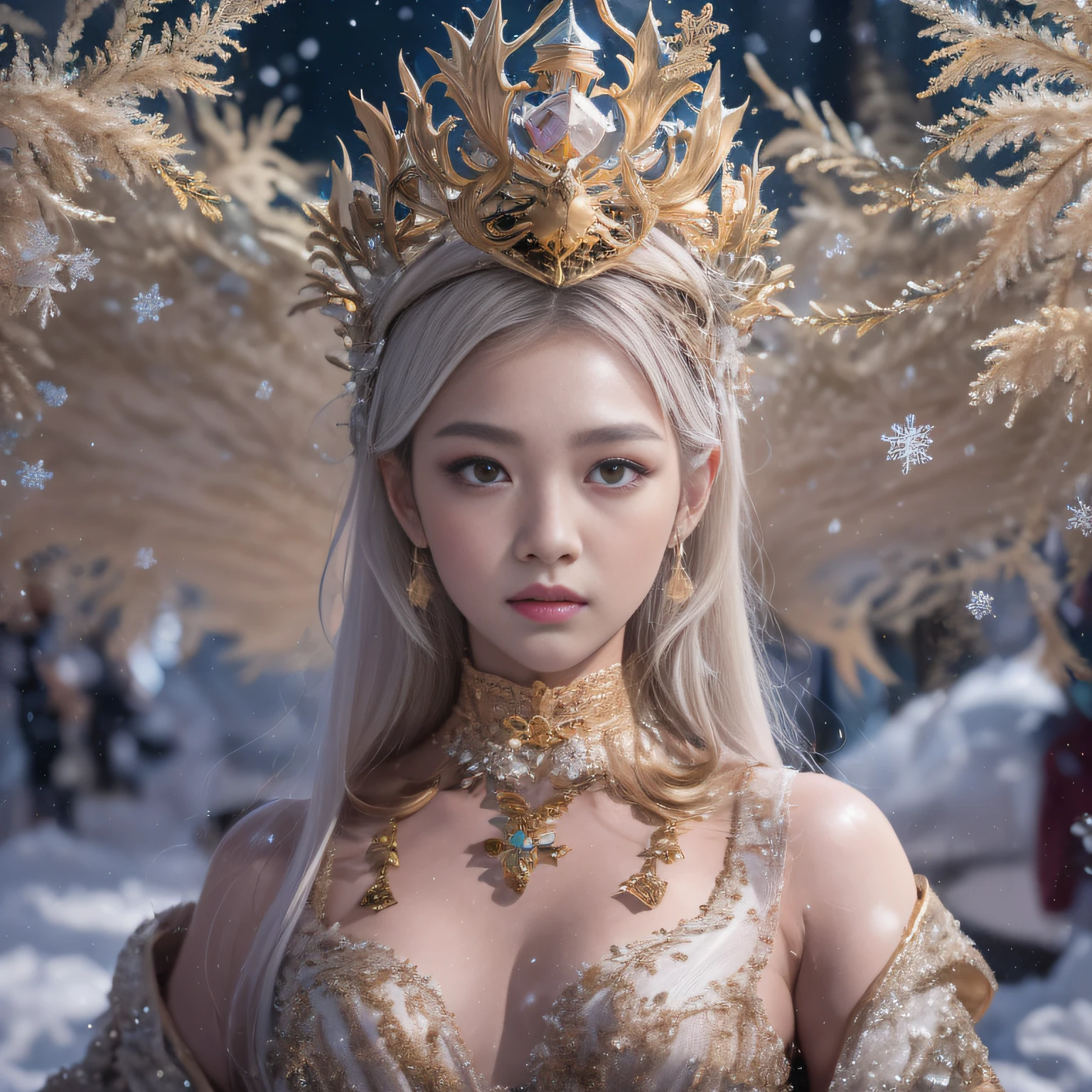16k(tmasterpiece,k hd,hyper HD,16k)short detailed hair,Vintage train sleeper area,Snow Circle Girl ,Two Golden Dragon Protectors (realisticlying:1.4),Python robe,Purple-pink tiara,Snowflakes fluttering,The background is pure, A high resolution, the detail, RAW photogr, Sharp Re, Nikon D850 Film Stock Photo by Jefferies Lee 4 Kodak Portra 400 Camera F1.6 shots, Rich colors, ultra-realistic vivid textures, Dramatic lighting, Unreal Engine Art Station Trend, cinestir 800,