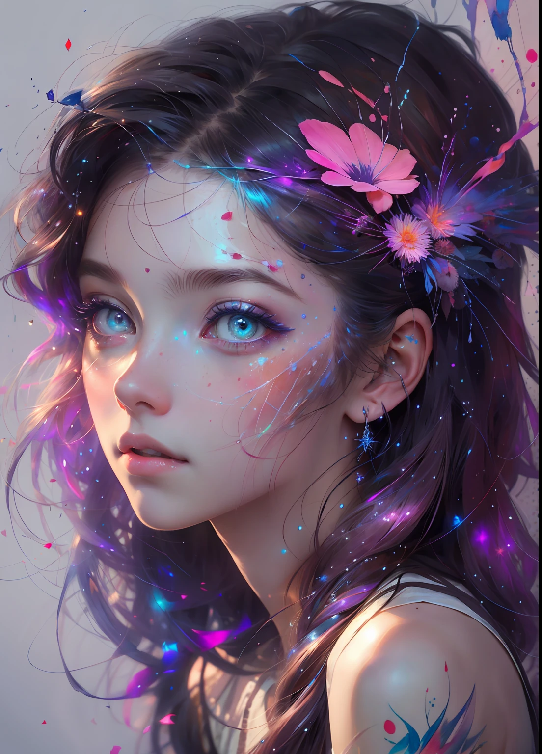 This is a dreamy and ethereal image. Generate a whimsical princess by Agnes Cecile with beautifully detailed and realistic eyes. Include ink drips and fairy lights. The colors used should be soft and pastel except for her eyes, which should be bold and realistically shaded. Include luminous, glitter, shimmer, and intricate detailing. This is a high quality image from world-class artist agnes cecile. ((masterpiece))