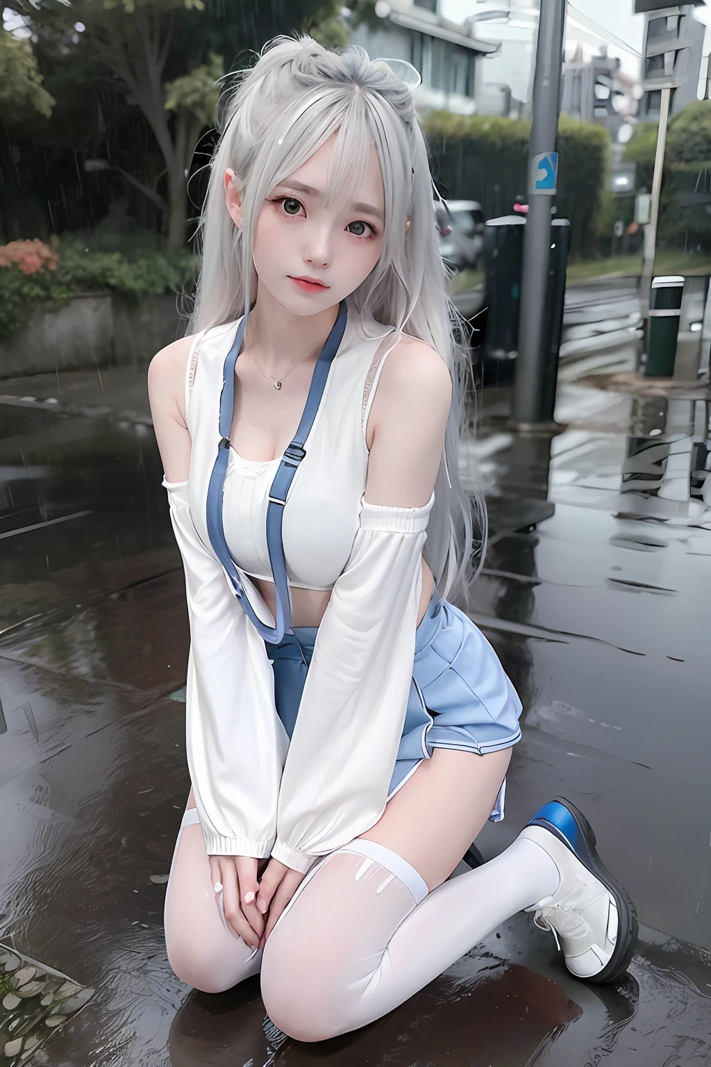 1 girl, anime style, kneeling, hivering, feeling cold, shivering, transparent suspender stockings, leg straps, short skirt, (long white hair), blue eyes, rain-soaked top, rainy day, heartache expression