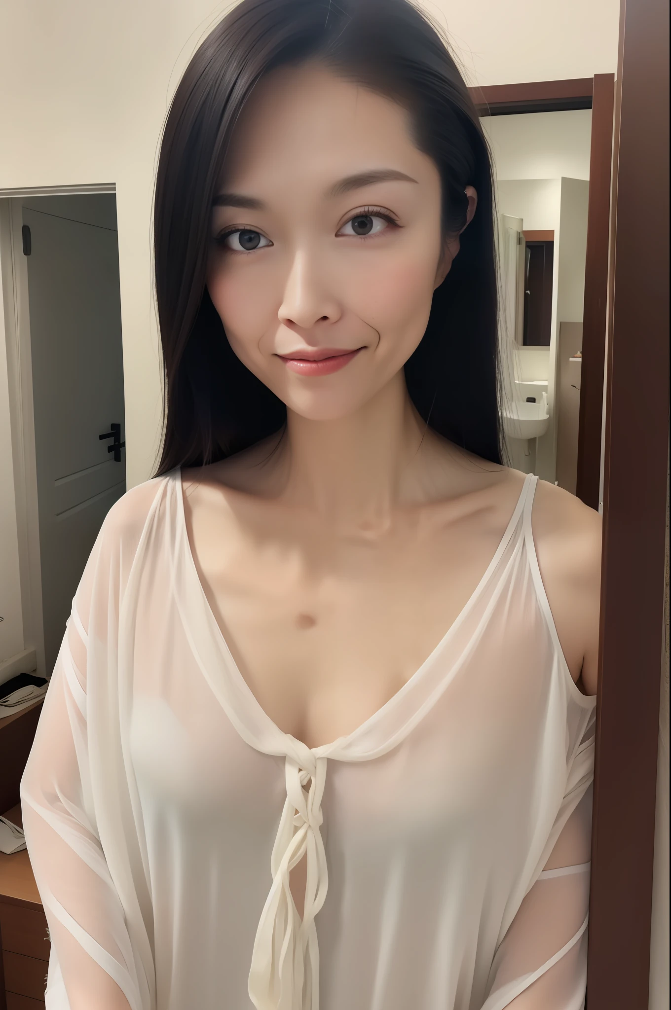 a girl, hair over shoulder, black hair, Look at the audience, Sexual organ, The eyes are blurred, , Flush, real, messy hair, Shower Room, hairclip, gradient eyes, eyeball, mouth hold, oral invitation, Masturbation, Touch, Insert into , Verism, Hyperrealism, chiaroscuro, super detail, high details, 4K, textured skin