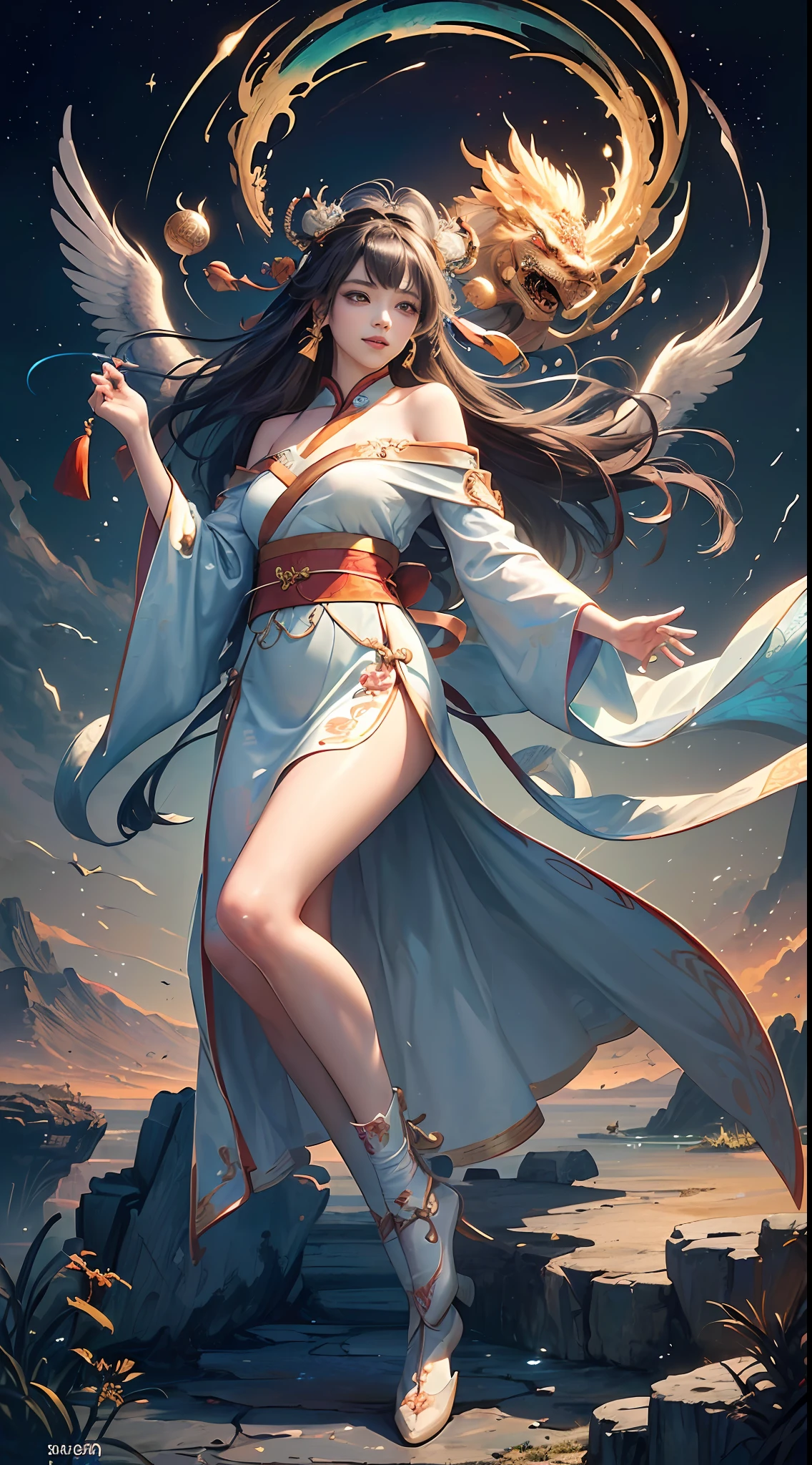 Official Art, Unified 8k Wallpapers, ((Hyperrealism) (Surrealism)), (3D), Ultra Detailed, Beautiful and Aesthetic, Masterpiece, Best Quality, (Zentangle, Tangle, Entangle), (Fractal Art: 1.4), 1girl, Detailed Eyes, (Fine Skin, Diffused Skin Pores), ((Very Detailed Background, Very Detailed Face, (Very Detailed, Fine Detail, Intricate), Shallow Depth of Field, Diffuse Soft Light, (long hair), off-the-shoulder, long skirt, calf, very detailed, dynamic angle, cowboyshot, (most beautiful form of chaos), flowing, (bright colors), OC, (full body: 1.2), Chinese, (thangka flying sky: 1.5), (ribbon: 1.3), (dream: 1.5), (Hanfu: 1.5), Chinese dragon, Chinese phoenix, (smile: 0.5), (Chinese deity), --auto