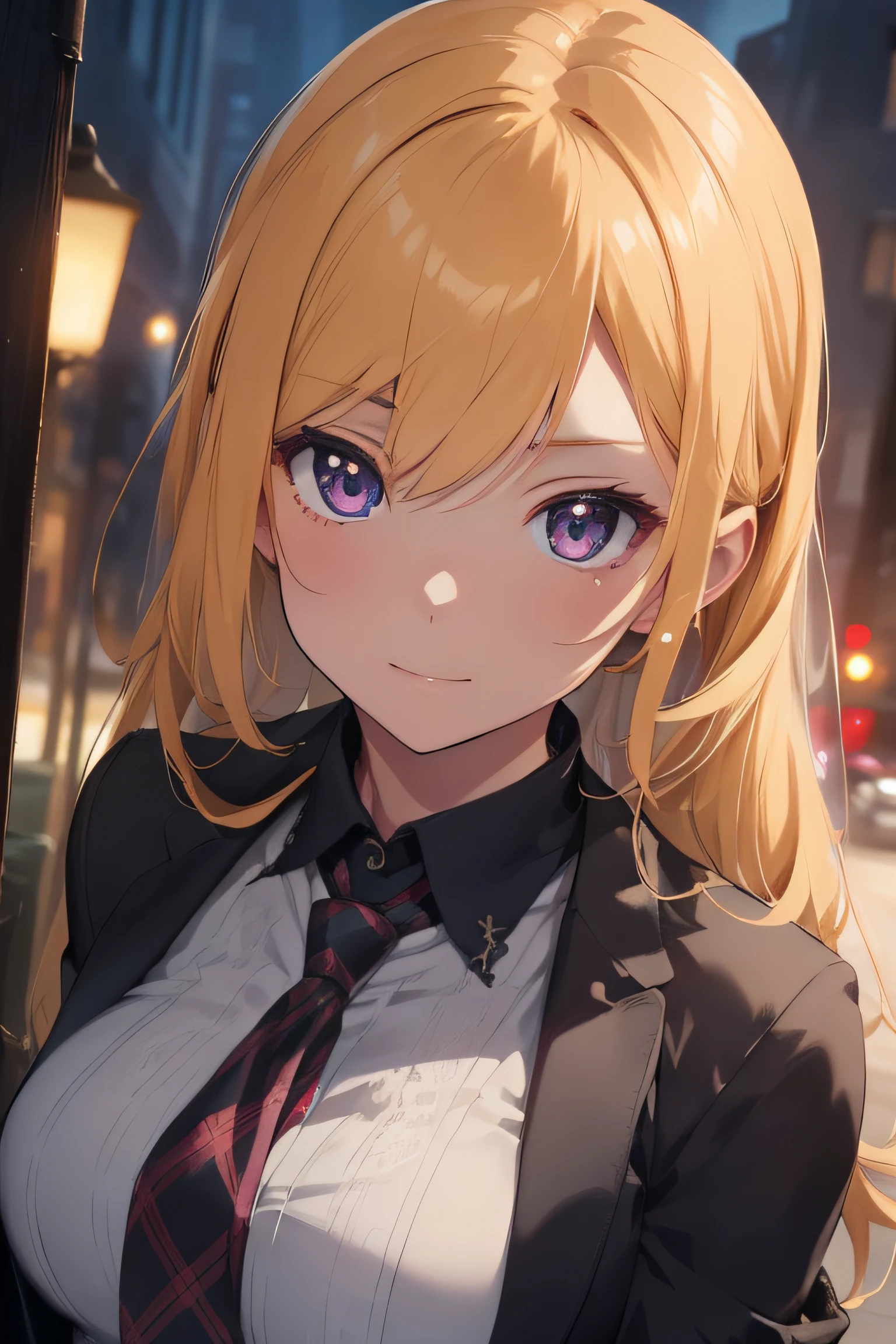 Create a masterpiece of anime art featuring a breathtaking girl with luminous yellow hair. She is the epitome of beauty, possessing an irresistible cuteness and awe-inspiring charm. Dressed in an exquisite suit and adorned with a stylish tie, she exudes elegance and confidence. The attention to detail in her attire is of the highest quality, showcasing impeccable tailoring and a perfect fit. Against a backdrop of darkness, her radiant presence shines through, with the subtle glow of rim lighting illuminating her enchanting figure. Every aspect of this artwork is crafted with ultra-realistic precision, from the delicate facial features to the intricate detailing of her eyes, capturing the viewer's attention with stunning realism. The exceptional level of detail in her appearance, down to her sharp pupils and realistic skin texture, adds depth and intricacy to this stunning portrayal. The contrast between her captivating beauty and the dark shadows intensifies the overall impact of the artwork. As an added touch, her eyes glow with a mesmerizing reddish-purple hue, enhancing the enchanting aura she exudes. This anime art piece is meant to astound with its highest level of detail, ultra-realism, and evocative portrayal of this beautiful girl. It showcases the artist's exceptional talent and dedication to creating a visual masterpiece that leaves a lasting impression