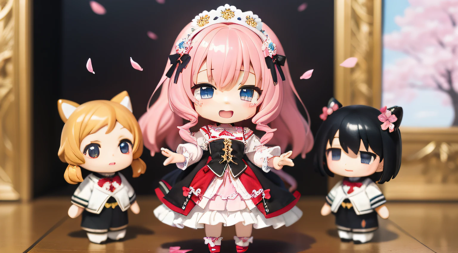Doll standing in front of the painting、bionde、Crying face、Sengai、pixiv、rokoko、dollfie dream、watercolor Nendoroid、(High Definition Figure)、flowing sakura-colored silk、nendroid、highly_Detailed!!,Cherry blossom petals、Flowing cherry blossom silk、season!!: 🌸 ☀ 🍂 ❄