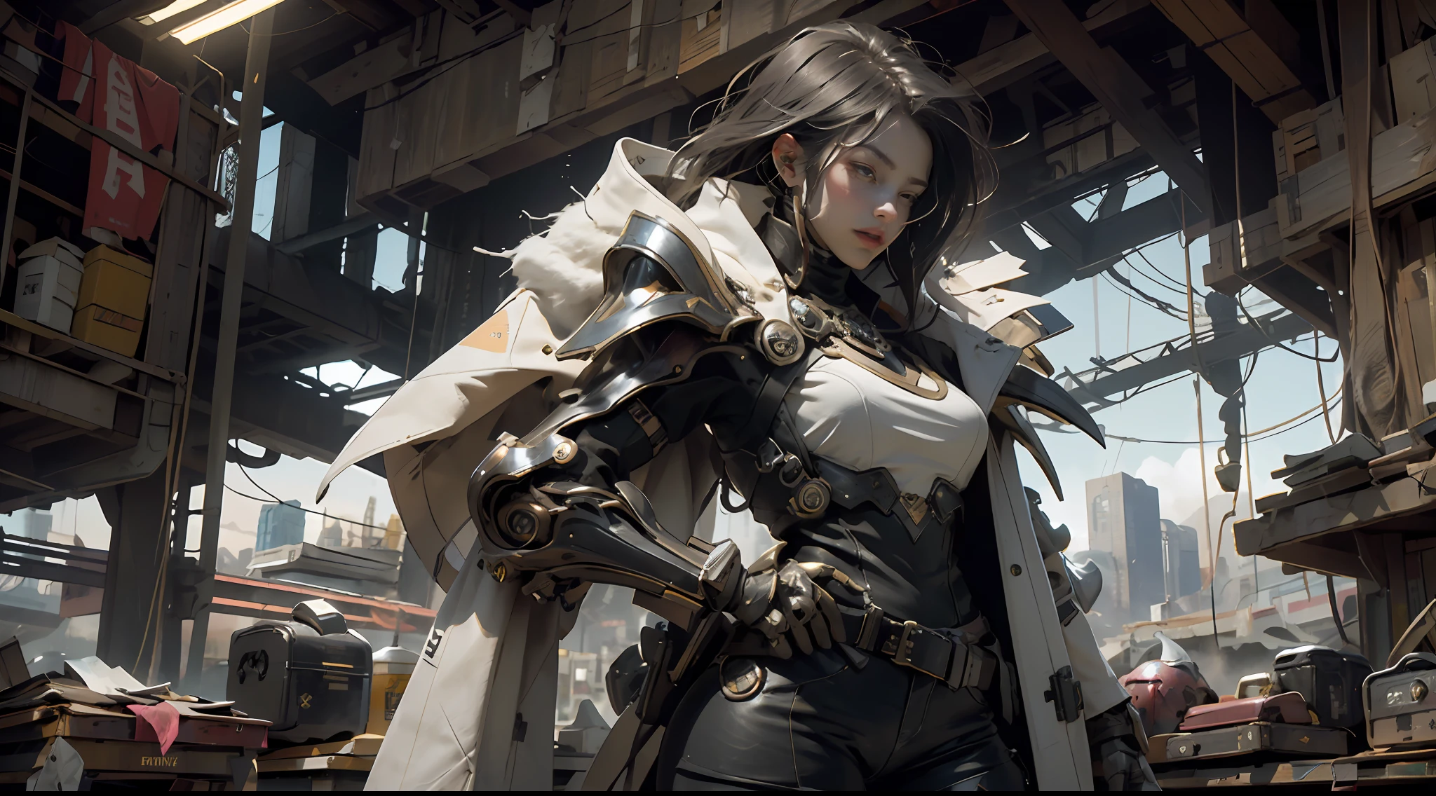 ((best qualtiy)), ((tmasterpiece)), ((Realistis)), (A detailed), (realisticlying:1.5),(Close portrait:1.3),illusory engine, (High detail: 1.9),(femele:1.4),(big breasts beautiful: 1.4),(carismatic:1.3), (Thick stature), (white straitjacket),Large breasts, Lights on armor, beuaty girl,beauitful face, looking at viewert, dynamicposes, postapocalyptic, Destroyed city background, Buildings on fire, scientific fiction, HDR, Ray traching, NVIDIA RTX, Hyper-Resolution, Unreal 5, sub surface scattering, PBR textures, Post-processing, Anisotropic filtering, depth of fields, Maximum clarity and sharpness, trichotomy,8K original,(Luminous Particle:1.4),(VerydetailedCG,Unity 8k壁纸,3D,cinmatic lighting,lens flare glow),Reflectors,Sharp focus,Cyberpunk art of a,cyberpunk building,