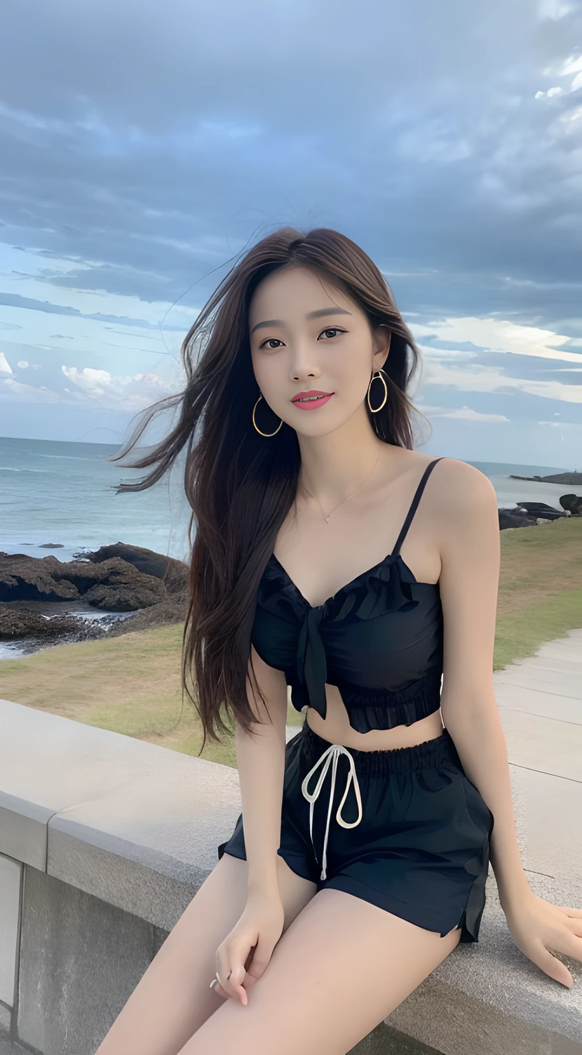 a young, Beautiful cute girl,Full body photo,Extremely beautiful and delicate,Black color hair,A sweet smile,Delicate and beautiful fair skin,Realistic and realistic,exquisite and complete facial features,Detailed depiction of the face,tall nose bridge,Smooth hair,extremely detail hair,Feminine temperament,Tall and tall,Thin,Realiy,White teeth,Tied up with hair,(No bra),Hyper-realism,sandals,full body shot shot,Forward tilt angle,Extreme picture quality,Highest precision,Precise and perfect human anatomy。dark stormy clouds, (Chiffon shorts,Chiffon tops to match)(telephoto shot,)Express the landscape,Highlight portrait。Sitting on the beach by the sea。Wearing earrings,Ruffling your hair,Look ahead,A little sad
