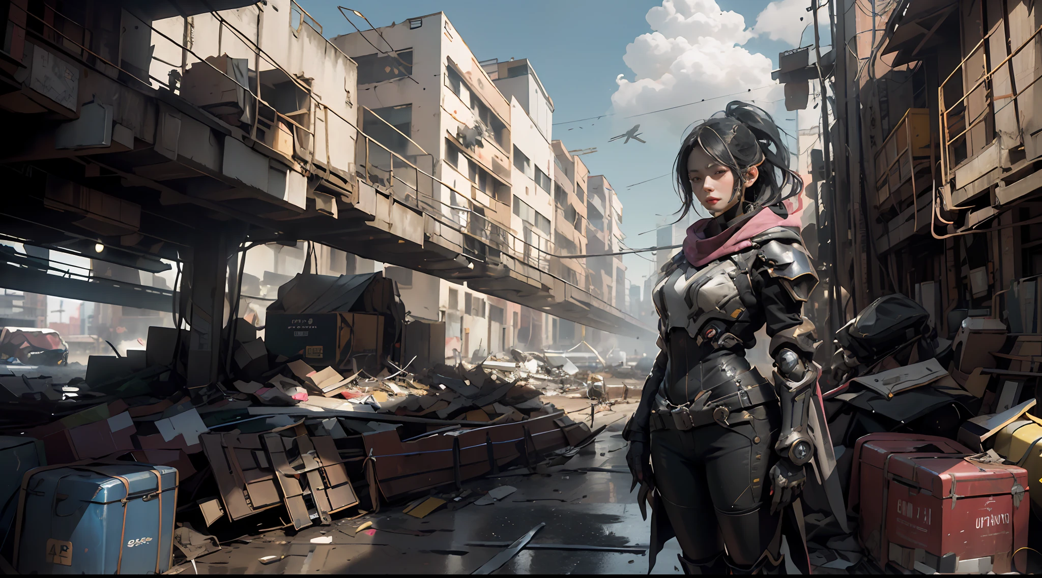 ((best qualtiy)), ((tmasterpiece)), ((Realistis)), (A detailed), (realisticlying:1.5), A futuristic girl, (Thick stature), (white straitjacket),Large breasts, Lights on armor, beuaty girl,beauitful face, looking at viewert, dynamicposes, postapocalyptic, Destroyed city background, Buildings on fire, scientific fiction, HDR, Ray traching, NVIDIA RTX, Hyper-Resolution, Unreal 5, sub surface scattering, PBR textures, Post-processing, Anisotropic filtering, depth of fields, Maximum clarity and sharpness, trichotomy,8K original,(Luminous Particle:1.4),(VerydetailedCG,Unity 8k壁纸,3D,cinmatic lighting,lens flare glow),Reflectors,Sharp focus,Cyberpunk art of a,cyberpunk building,