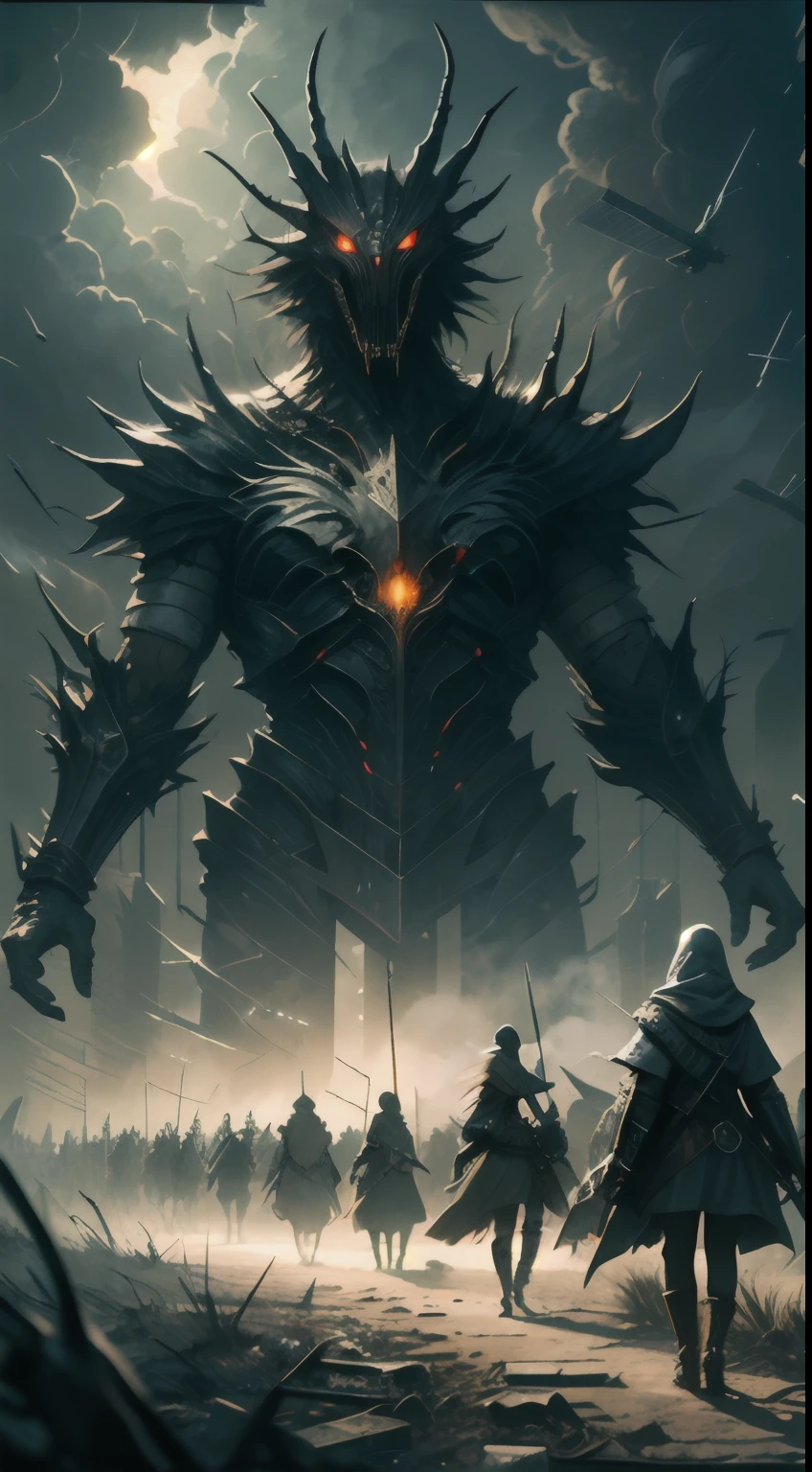 large group of short masked girls standing still holding very long metal sticks warding off evil, (enormous scary creature in the distance), elemental shift, fires in the distance, strange lights in the sky, windswept ruined city background gloomy, dark, ominous more details