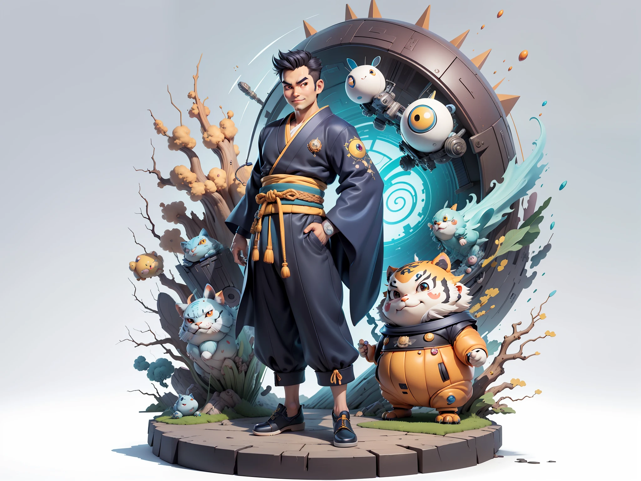 (Masterpiece), (Excellent), (Super Meticulous), (Full Body: 1.2), Super Young Man, Oriental Face, Japanese Kimono, Japanese Wind Thunder God, Dragon, Tiger, TV Anchor, Bust Portrait Illustration, Alone, Black Suit, Blue Tie, Slightly Chubby Face, Very Clean Face, No Beard, Black Super Short Hair, Black Eyes, Confident Smile, 3c Computer Sub-Products, iPad, iPhone, Digital Painting, 3D Character Design by Akira Toriyama and Mark Claireden and Pixar and Hayao Miyazaki, The illustration is a high-definition illustration in 4K resolution with very detailed facial features and cartoon-style visuals.