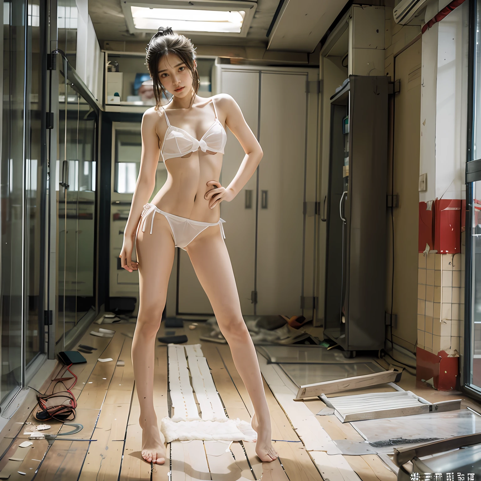 Abandoned cells,Resident Evil,Sexy standing pose,Random white transparent sexy small lingerie and panties,Full body portrait 1.1,18 years old girls,lean and slender body,Skinny,Smaller bust,The barefoot,Naked all over the body,facing to audience