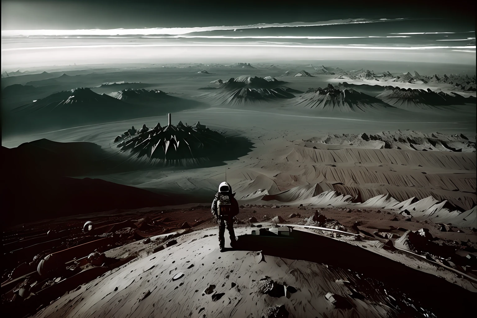 The camera is positioned in space, looking down on a dying Earth. The shot is captured using a high-resolution digital camera with a wide-angle lens, emphasizing the vastness and emptiness of space. The shot is treated with a gritty, high-contrast film look that adds to the stark and bleak atmosphere. The overall effect is inspired by the post-apocalyptic style of sci-fi artist Simon Stlenhag and documentary photographer Sebastio Salgado