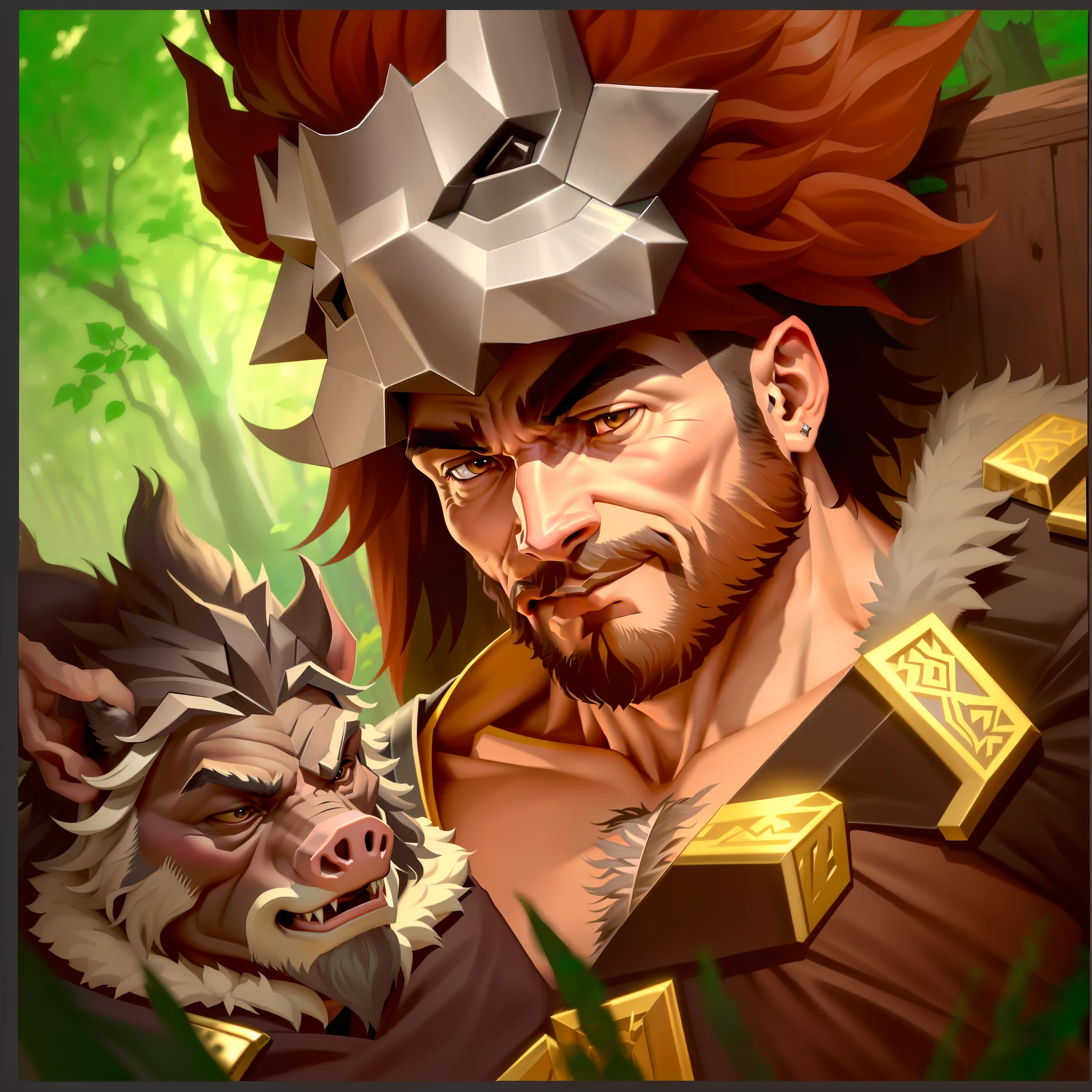 woodcutter,Wearing a boar hood,Silver eyes,High-end big nose,Brown spiny beard,He has strong pectoral muscles,The pet boar lies quietly on his right,The pig has two pairs of fangs at the corners of its mouth