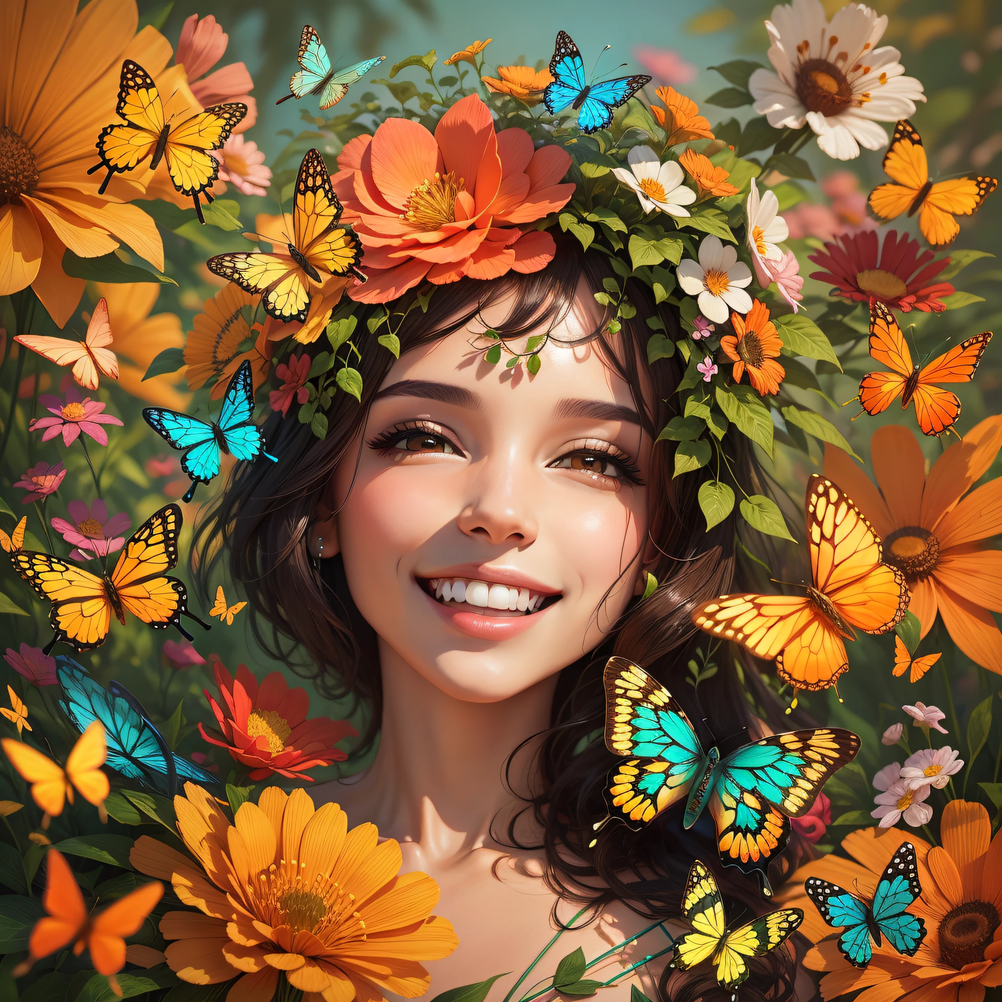No jardim exuberante, between dazzling flowers and dancing butterflies, uma linda garota deslumbra com um sorriso fascinante, a pintura digital hipnotiza com cores vibrantes e impressionantes.
