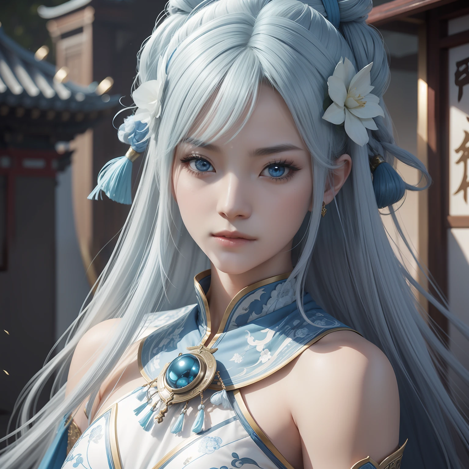 a close up of a woman in her 30's, with blue eyes and white hair, wearing a white and blue ball gown dress, a heroine with blue eyes, martial artist holding a sword, standing in a chinese temple, new costume concept design, in the style of blade and soul, full body character concept, detailed character design, inspired by Yang Jin, inspired by Li Mei-Shu, chinese costume, inspired by Lan Ying, inspired by Sim Sa-Jeong, inspired by Li Tang, lunar themed attire, costume with blue accents, inspired by Ju Lian, colored concept art, highly detailed character design, highly detailed face, inspired by Ai Xuan, very highly detailed face, unreal engine render, final fantasy 14 style, inspired by Leng Mei