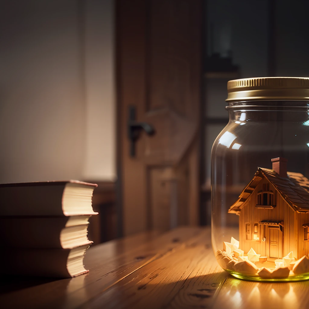 A house carved from an apple, inside of a glowing jar sitting on a table in a dimly lit room. Cel_shading, And I don't see a single familiar star. --auto --s2