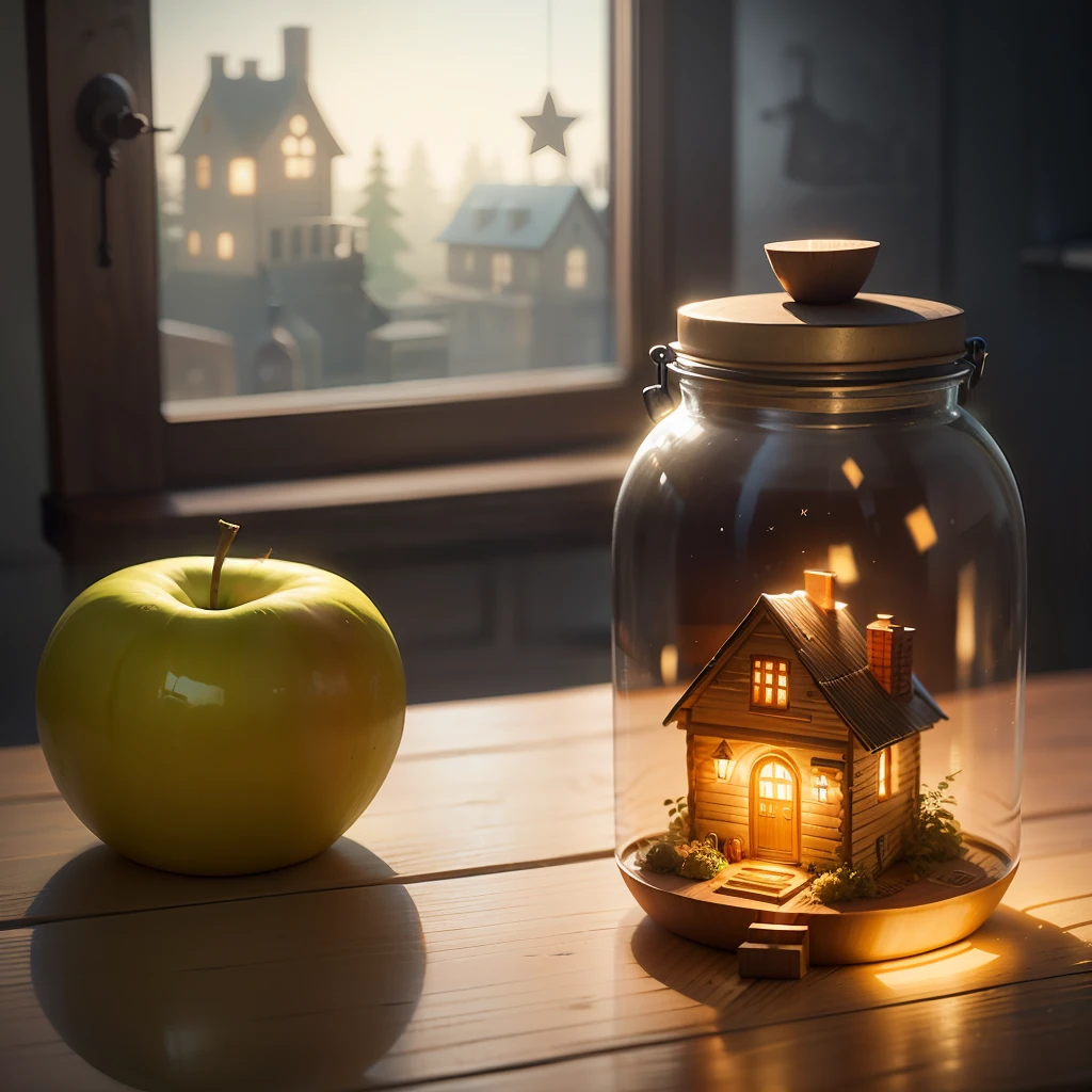 A house carved from an apple, inside of a glowing jar sitting on a table in a dimly lit room. Cel_shading, And I don't see a single familiar star. --auto --s2